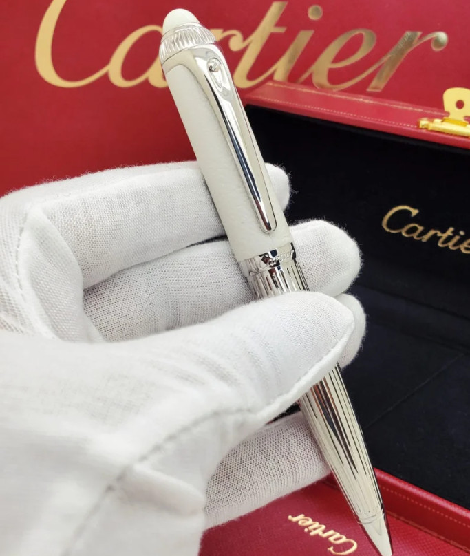 New Luxury Cartier Diabolo White Silver Ballpoint Writing Pen Executive Gift 