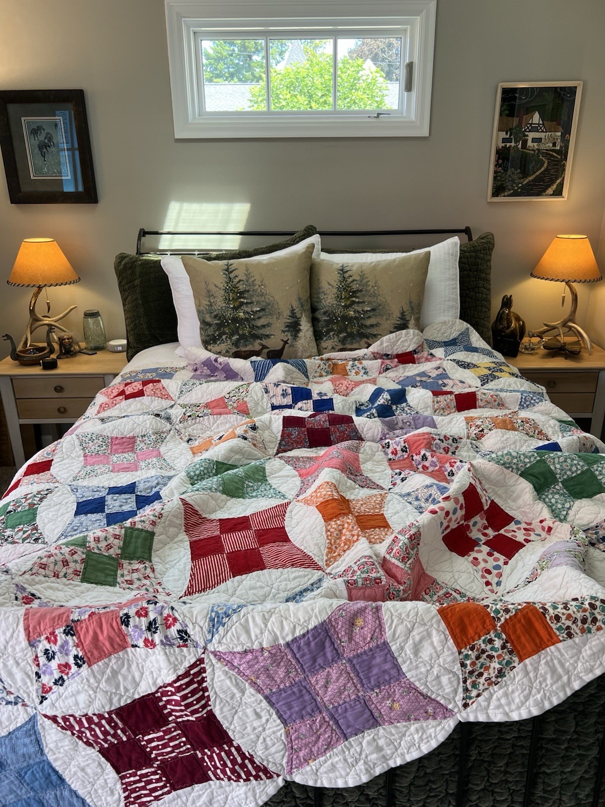 Vintage “Glorified Nice Patch Quilt” With Scalloped Edges, Approx. 76” x 84”