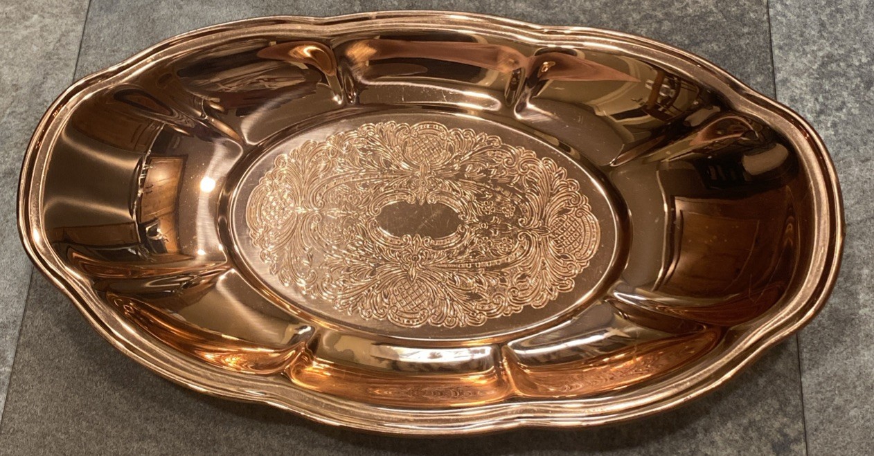 Vintage Coppercraft Guild Lacquered Copper Oval Bread Tray Etched Scroll 12x6.75