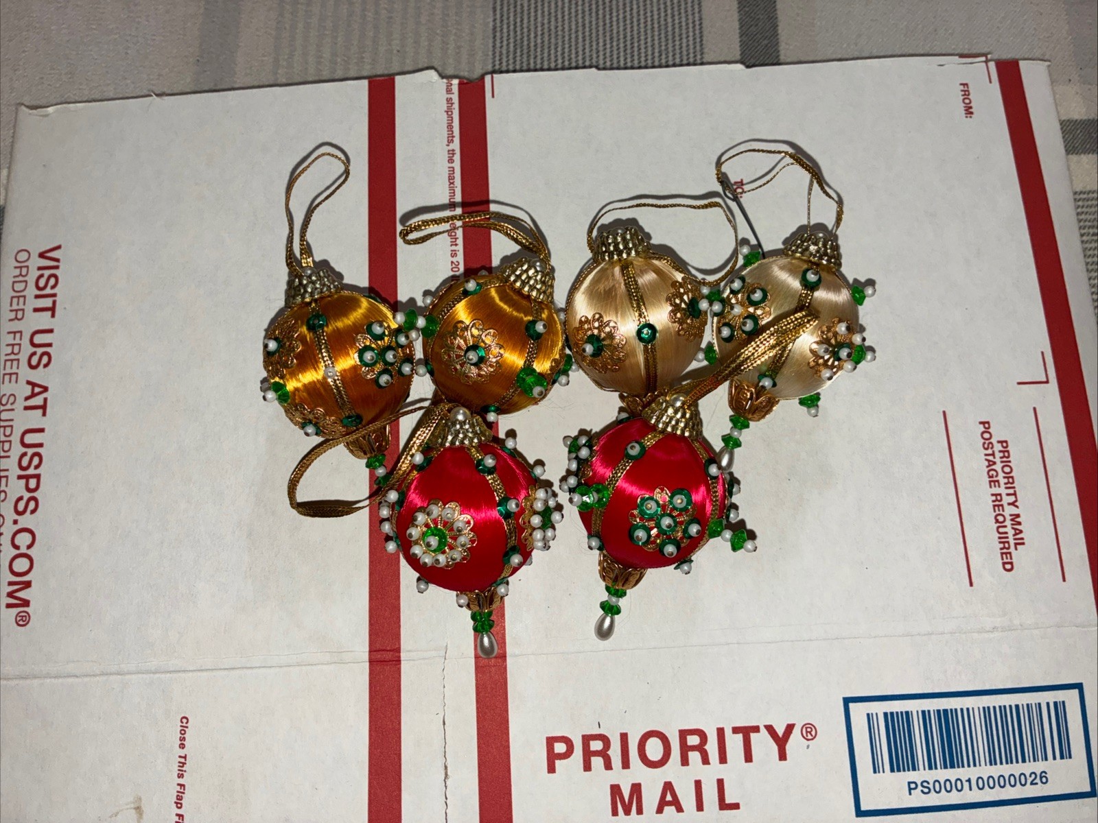 Vintage Handmade Beaded Christmas Ornaments Lot Of 6
