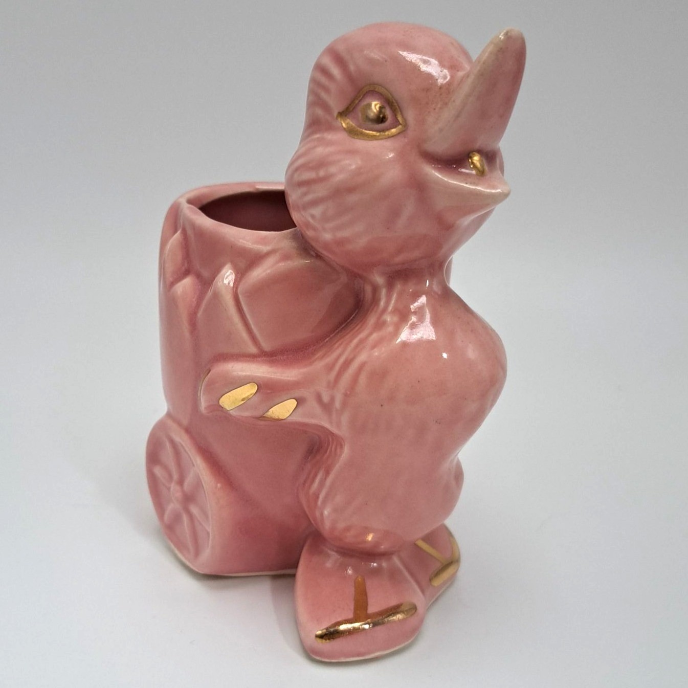 40s-50s American Pottery Pink Duck Wagon Planter Gold Gilt Ceramic BB Stamp