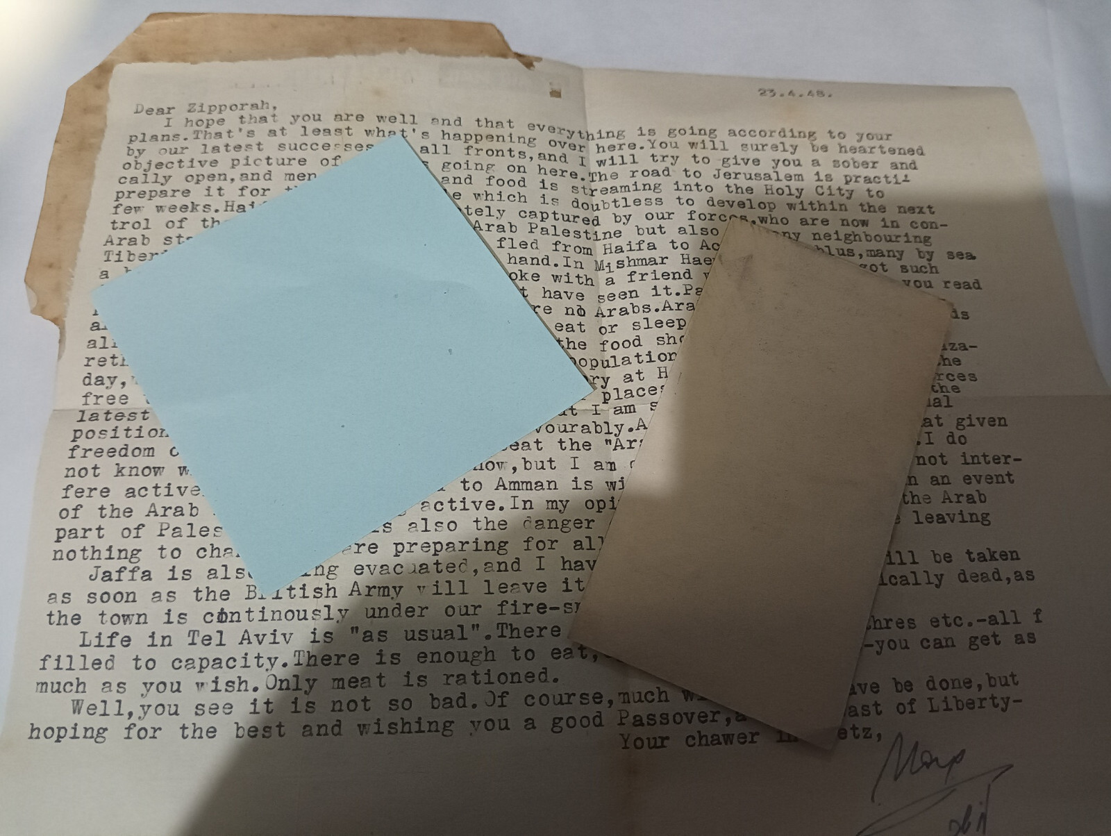 APRIL 1948 PALESTINE LETTER war with ISRAEL NAQBA ARABS FLEEING FOOD SHORTAGE
