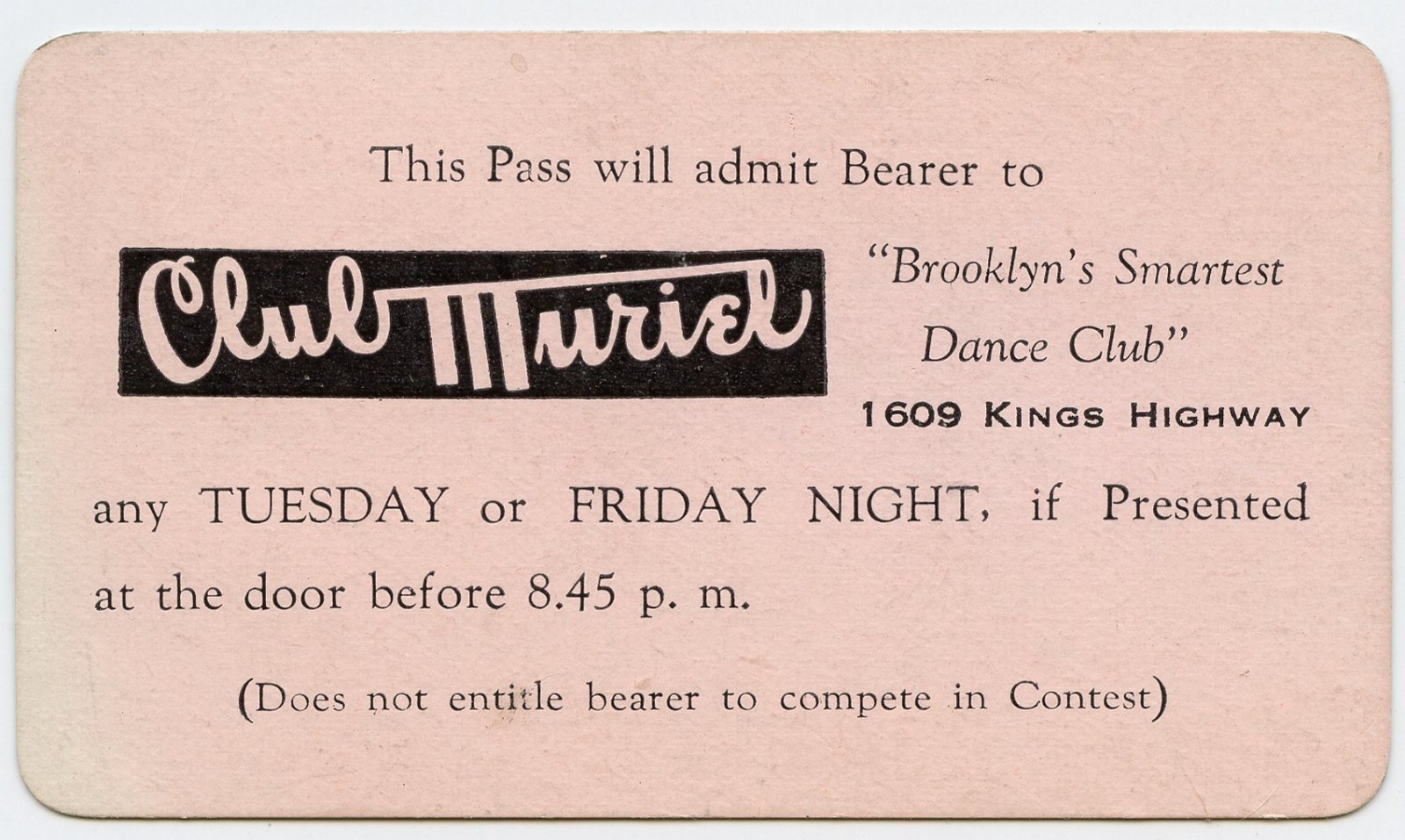 Vtg 1930s-1940s Club Muriel Dance Club Pass Card 1609 Kings Highway Brooklyn NY
