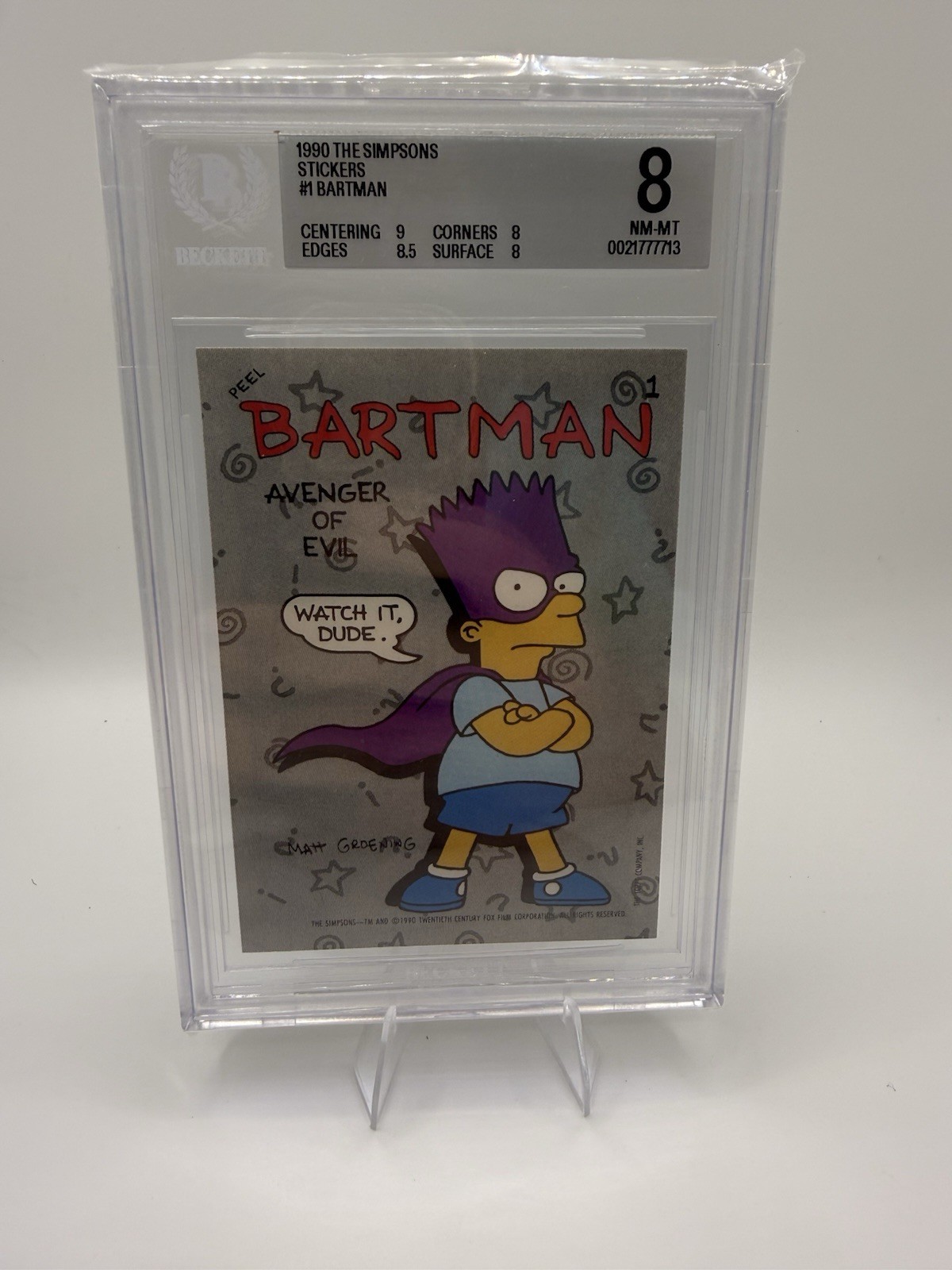 BARTMAN AVENGER OF EVIL 1990 TOPPS SIMPSONS 1ST ROOKIE STICKER #1 BGS 8