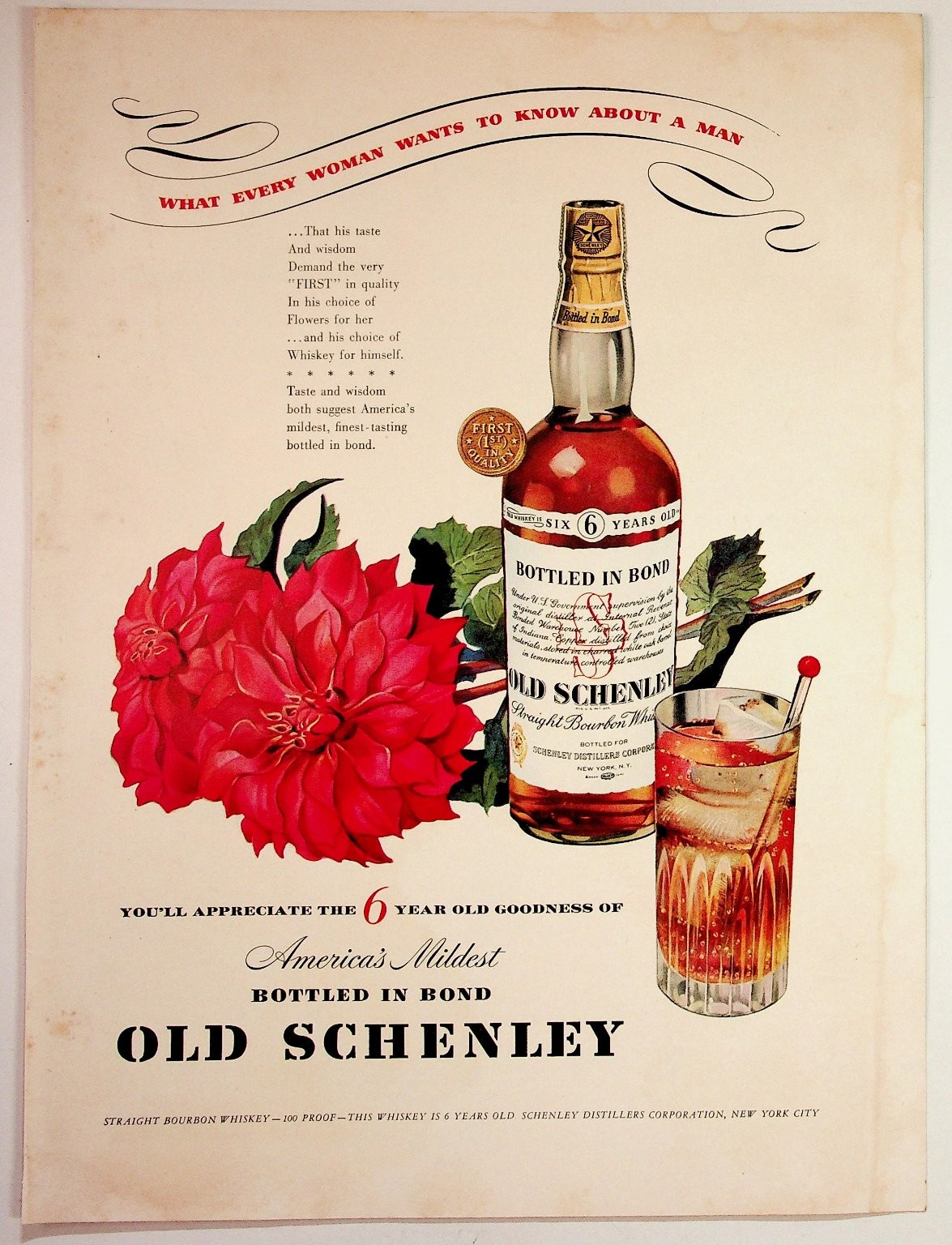 Old Schenley Whiskey Ad 1940s Vintage Bourbon Bottled in Bond Ephemera Print