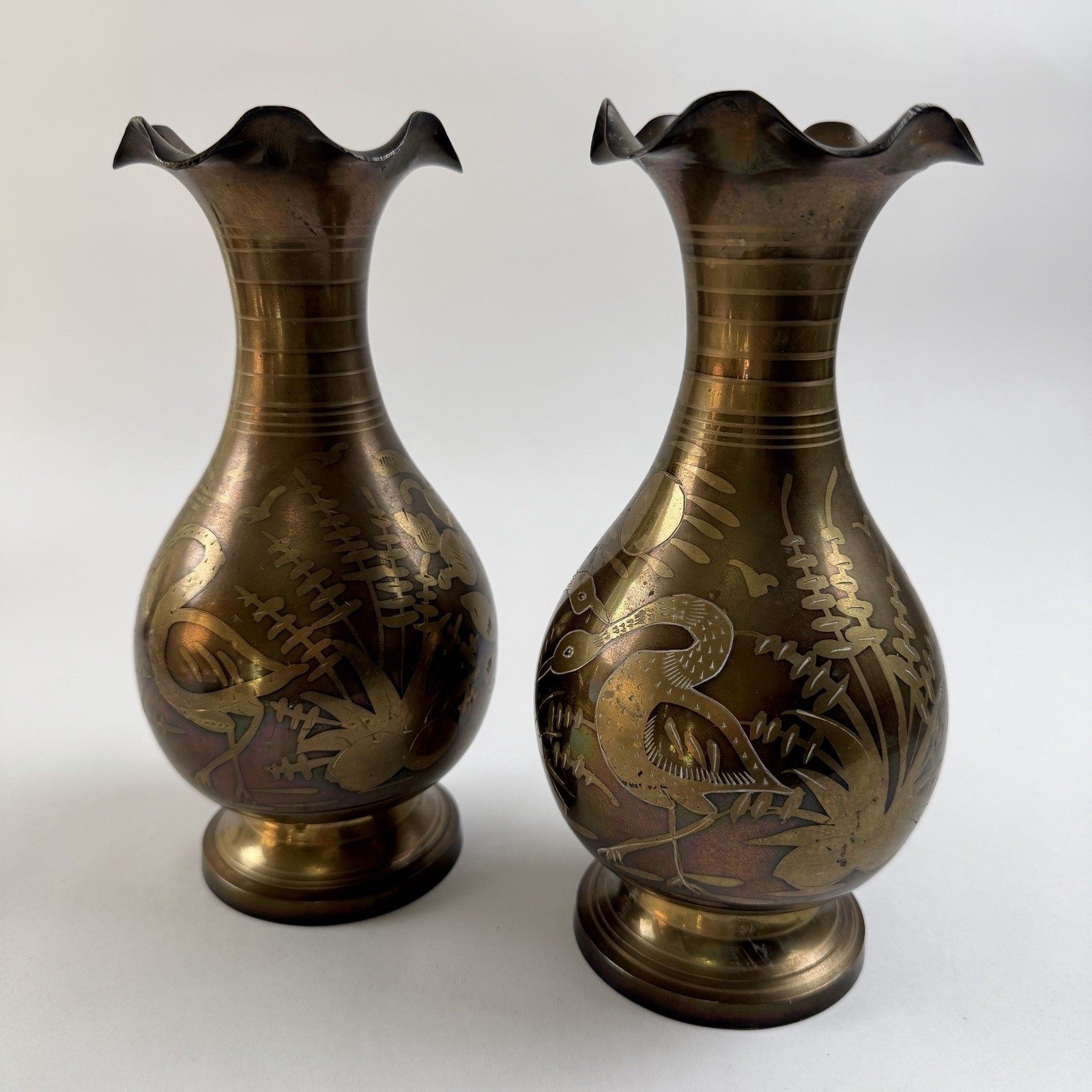 Vintage Etched Brass Vases Heron Bird Crane Engraved Made in India Set of 2