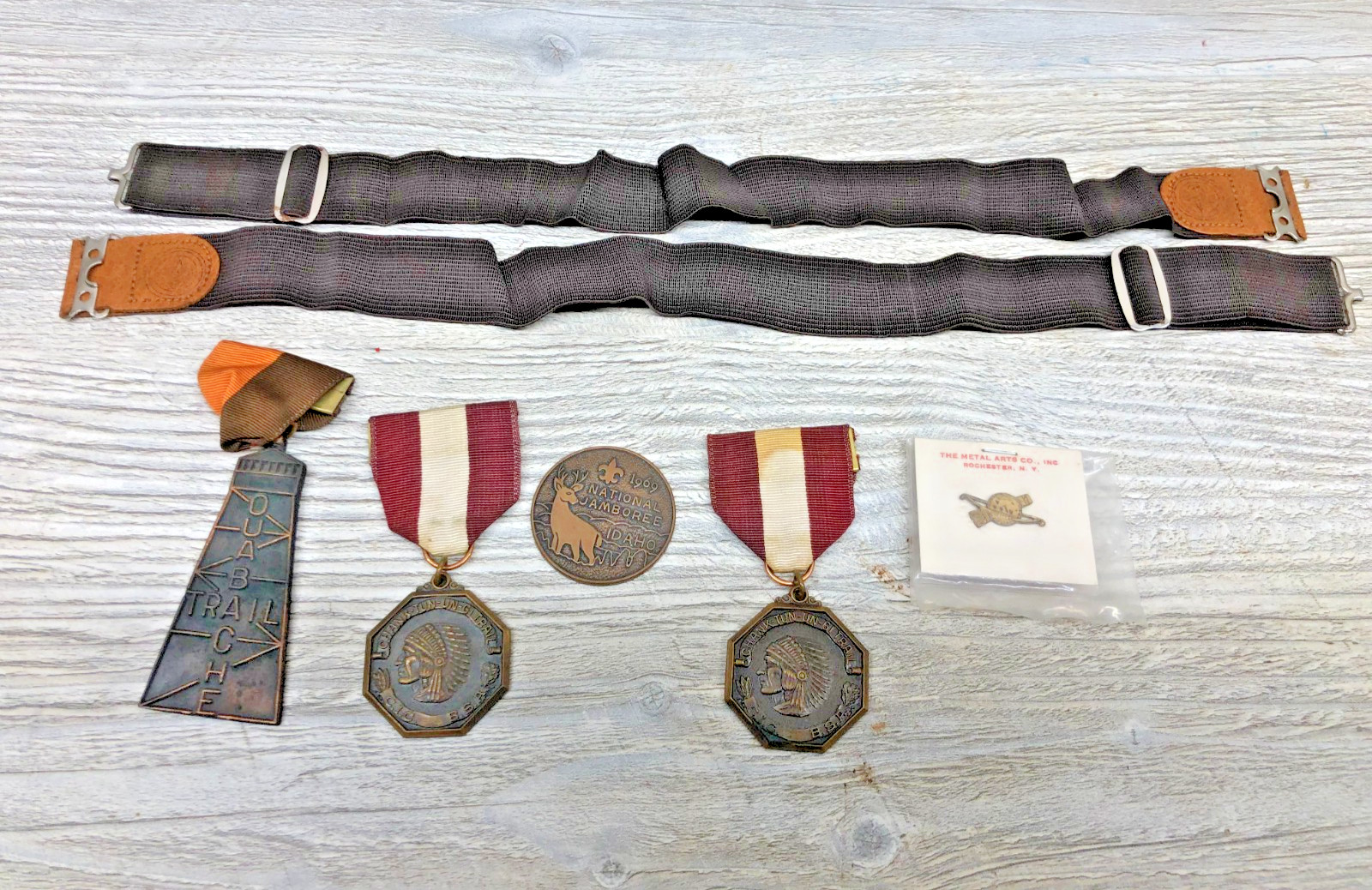 Vintage 7 pc. Lot Boy Scouts Medals Sock Garters 1969 Jamboree Token Archery Pin