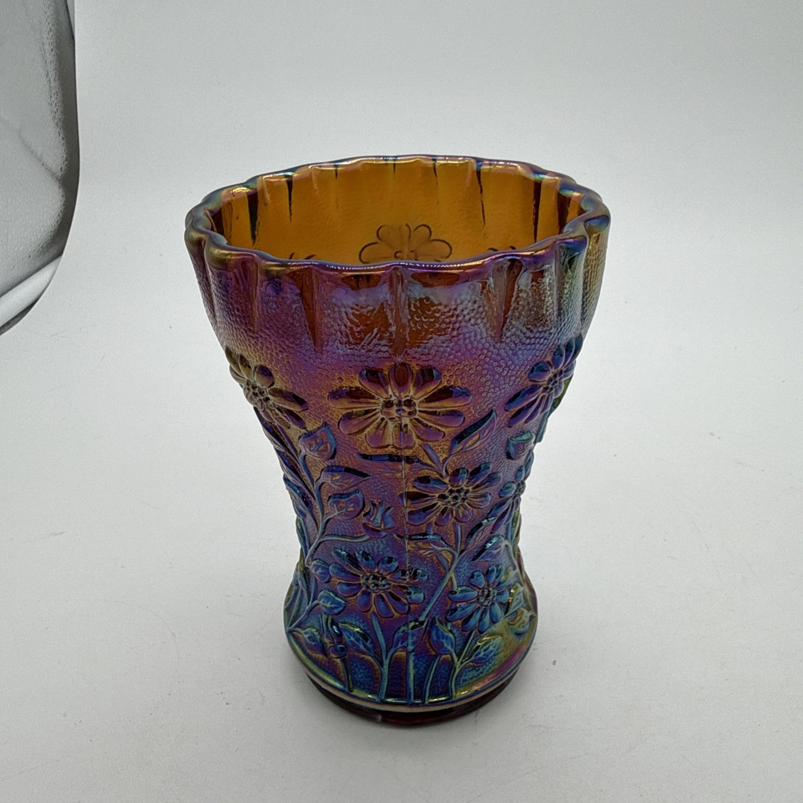 Vintage Imperial Amber Daisy Carnival Glass Whimsy Vase - 5 1/2” RARE Vintage Imperial Amber Daisy Carnival Glass Whimsy Vase - 5 1/2” RARE