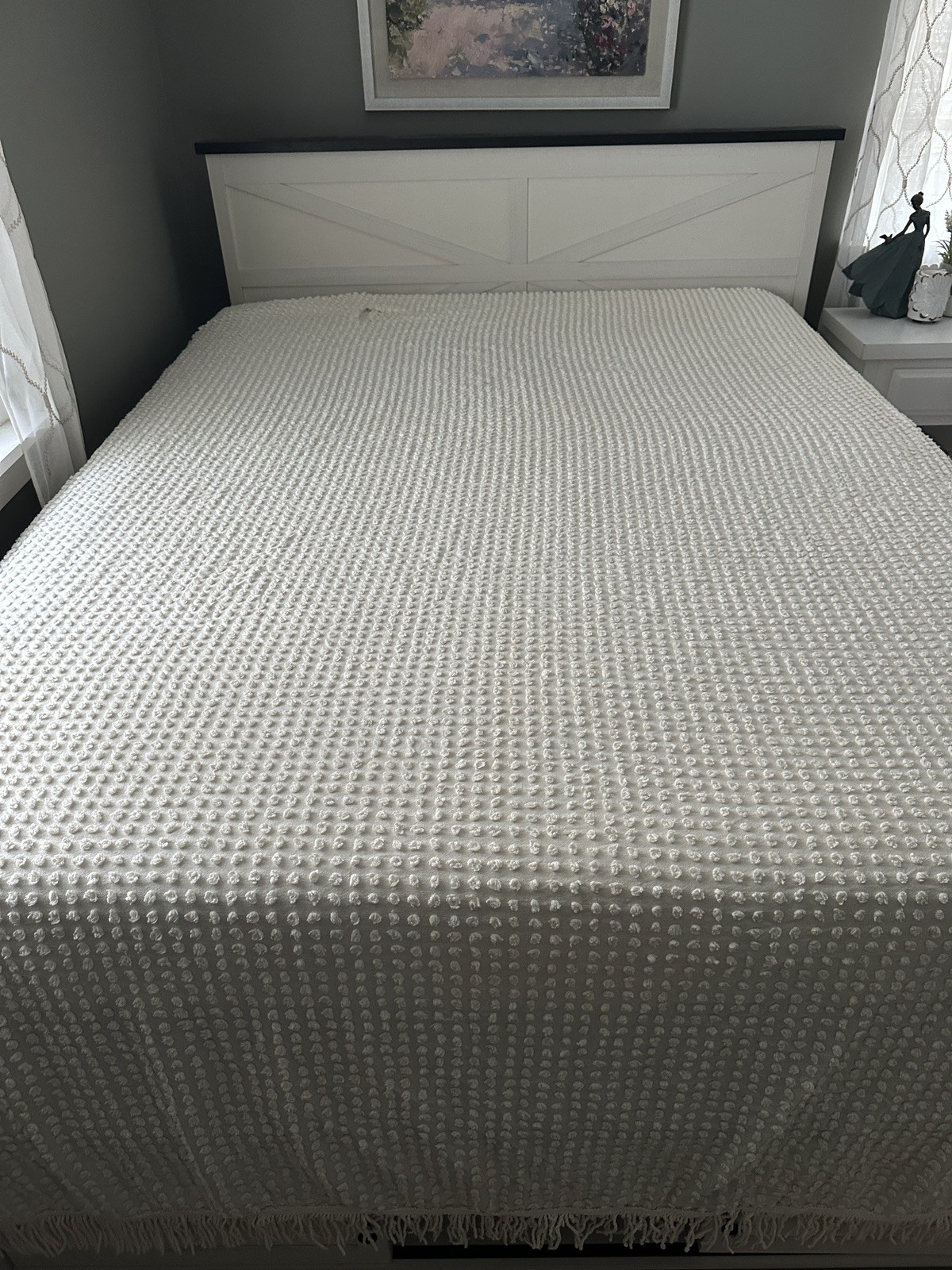 *Cream Pops* Vintage Cream Popcorn Chenille Bedspread~66x94 +Fringe