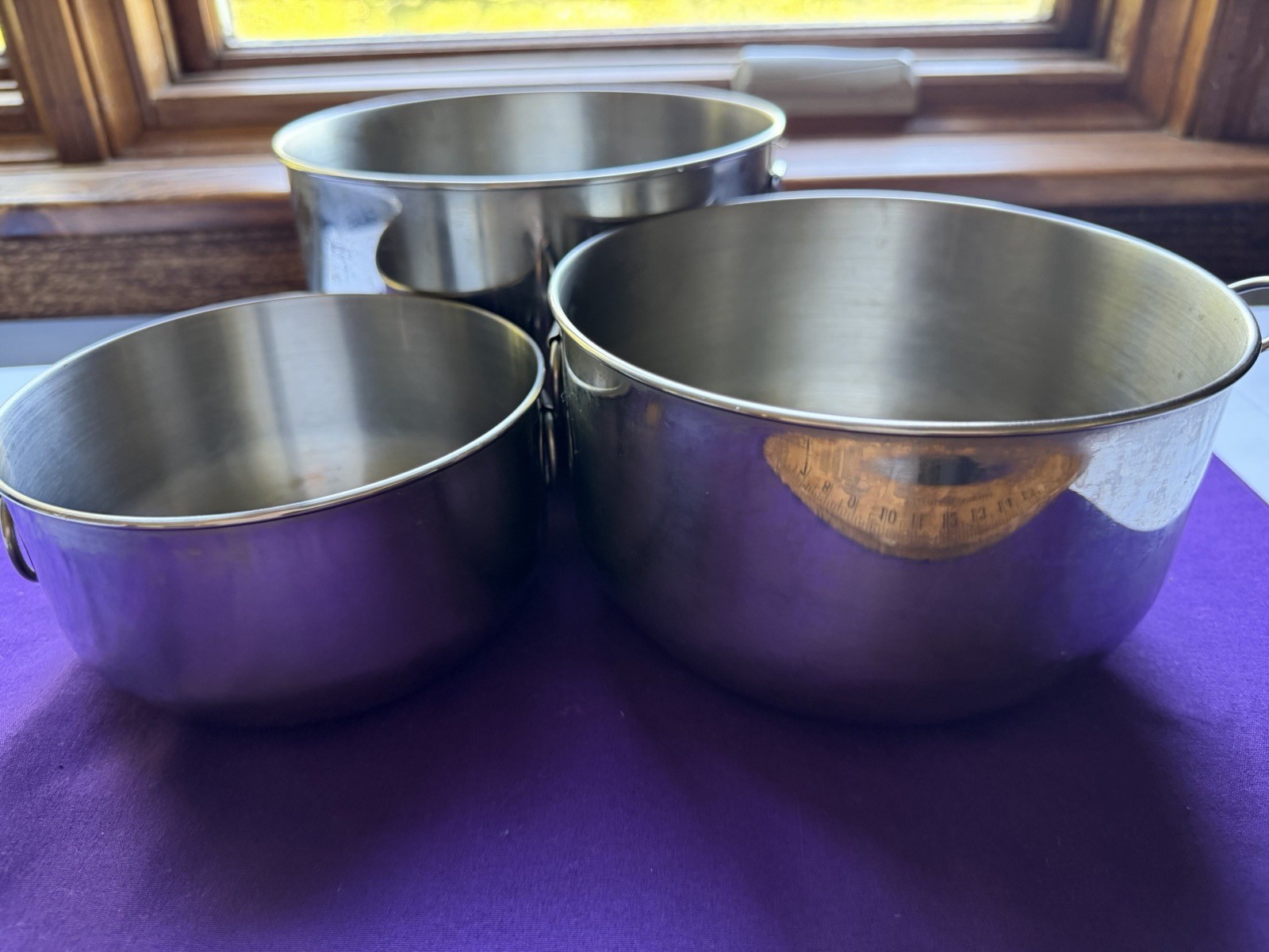 Vintage Farberware Korea Nesting 3 Bowl Set Stainless Steel 2 Thumb Rings Vintage Farberware Korea Nesting 3 Bowl Set Stainless Steel 2 Thumb Rings
