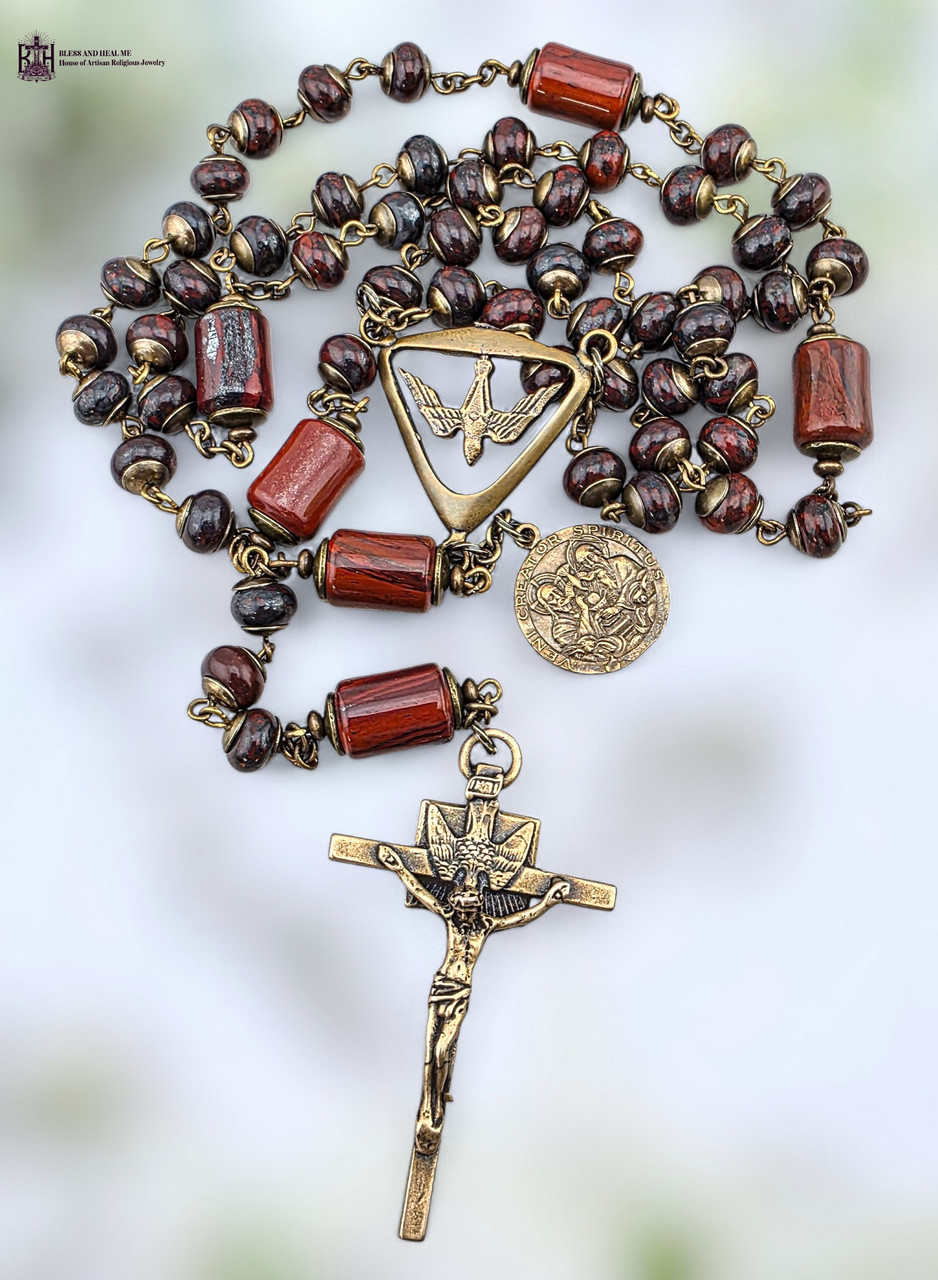 Holy Spirit Holy Trinity Catholic Rosary - Heirloom Bronze with Red Jasper