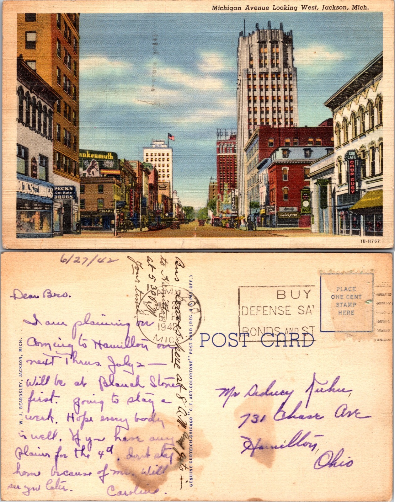 Michigan Avenue Looking West Jackson Michigan MI Postcard