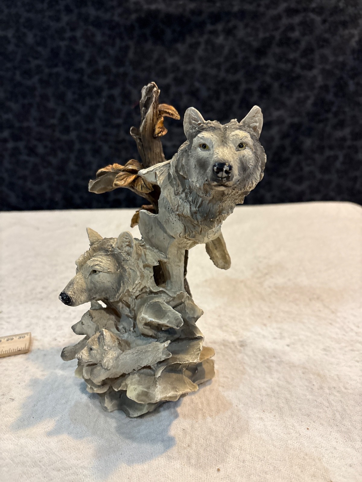 9” Tall Grey Wolves On Tree With Cubs Resin Wolf Family Figurine Native American