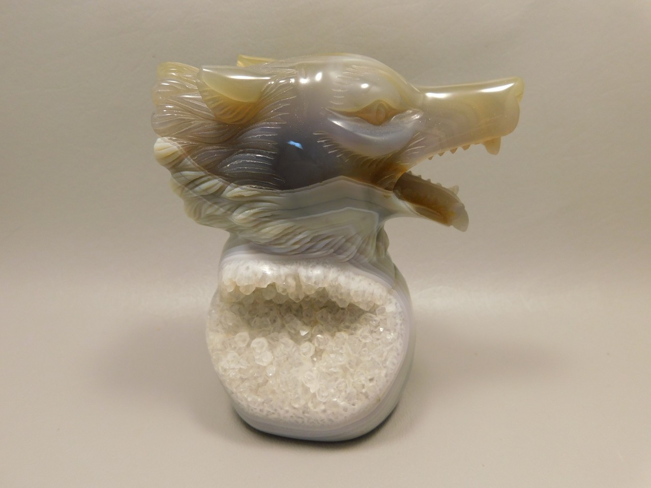 Gray Wolf Figurine Druse Agate Gemstone Animal Carving #O80