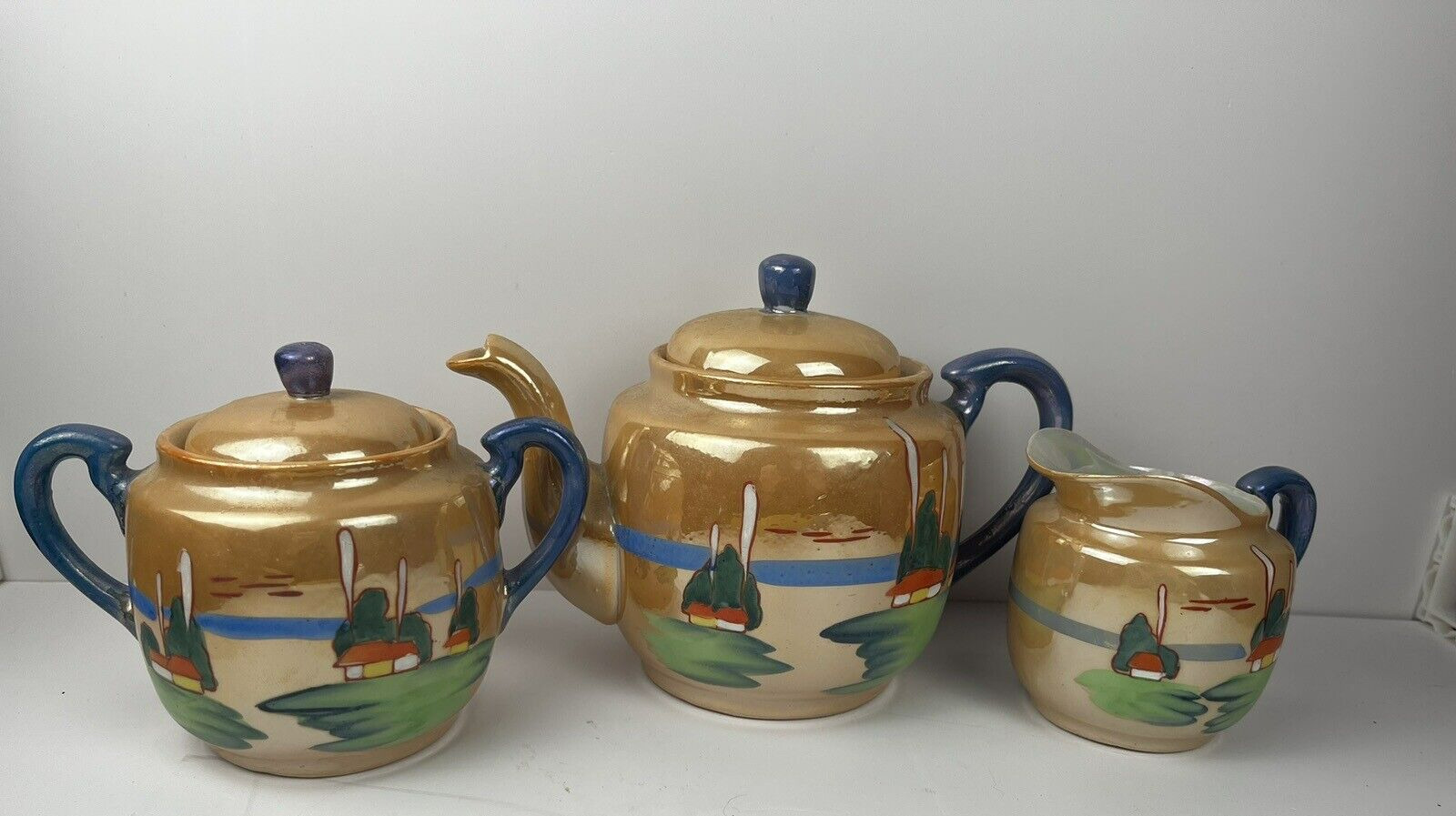 Vintage Trico Nagoya Japan China Lusterware Teapot, Creamer, &Lidded Sugar Bowl