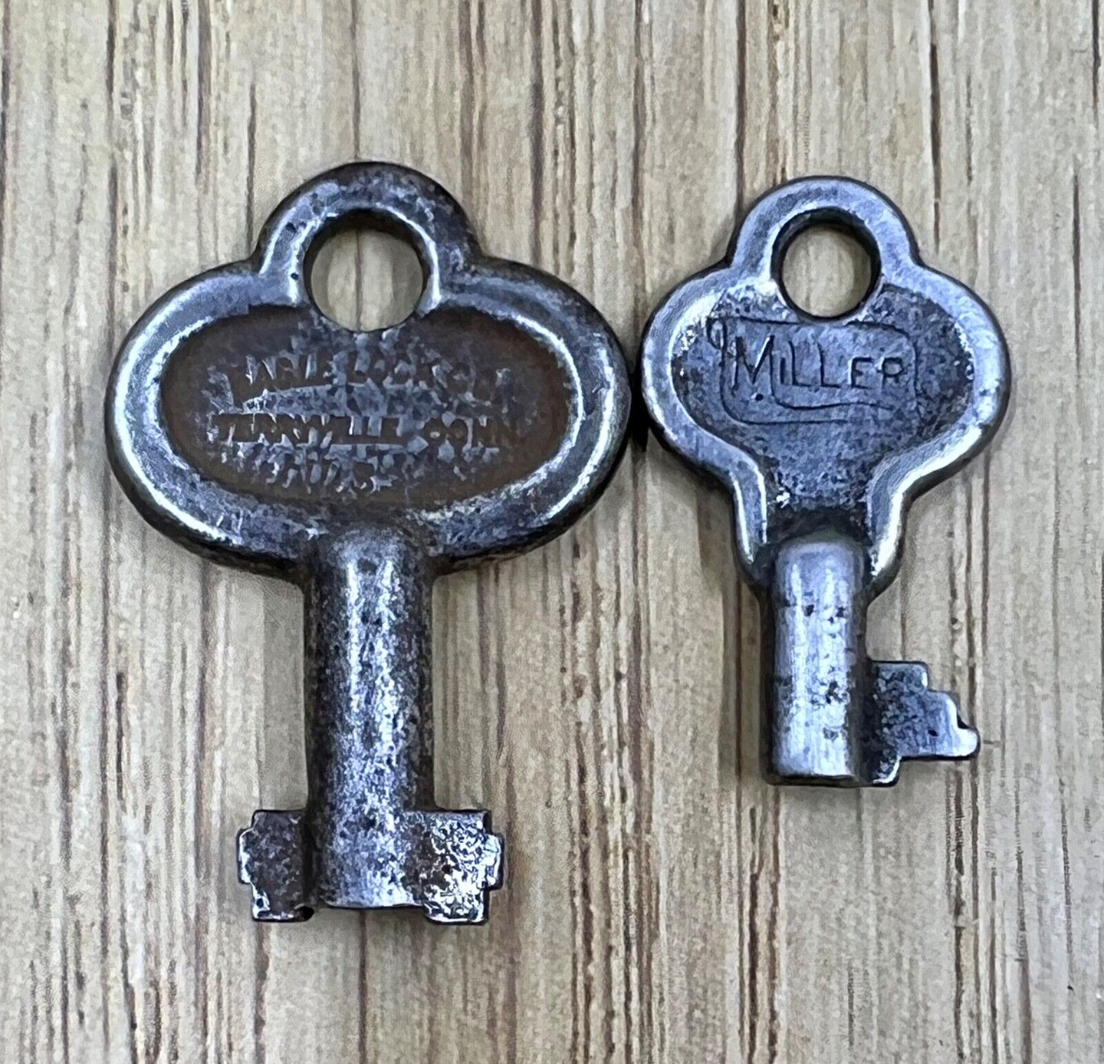 2  Vintage Open Barrel Skeleton Cabinet Keys, Eagle Lock co., Miller