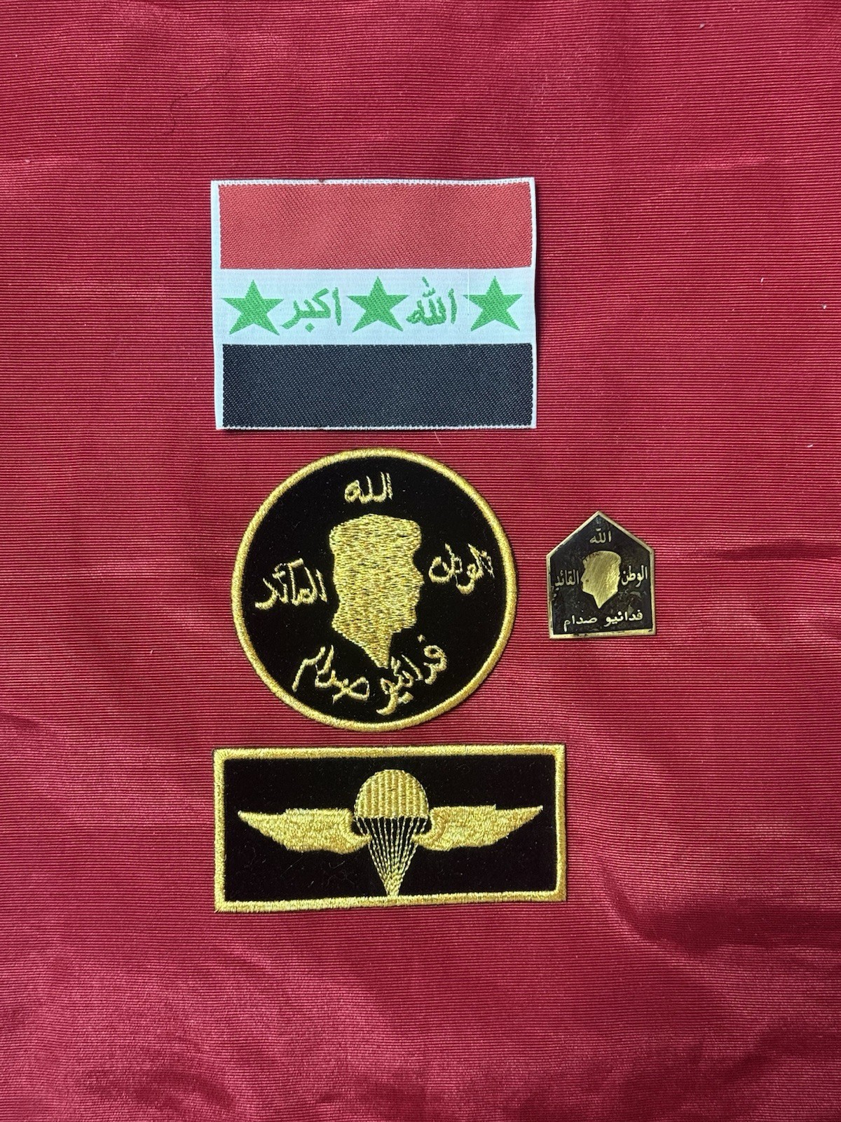 Iraq-Vintage Iraqi Fedayeen Saddam Patches , Pin & Flag. Iraq-Vintage Iraqi Fedayeen Saddam Patches , Pin & Flag.