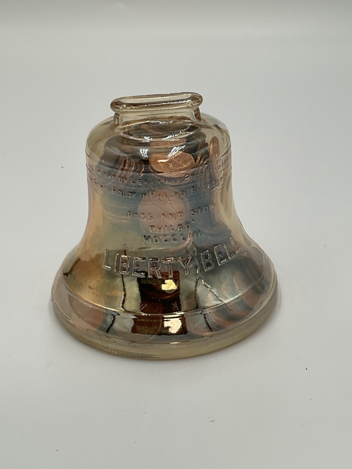 Vintage Liberty Bell Bank Glass 4 Inches Tall Filled With Pennies Approx  300