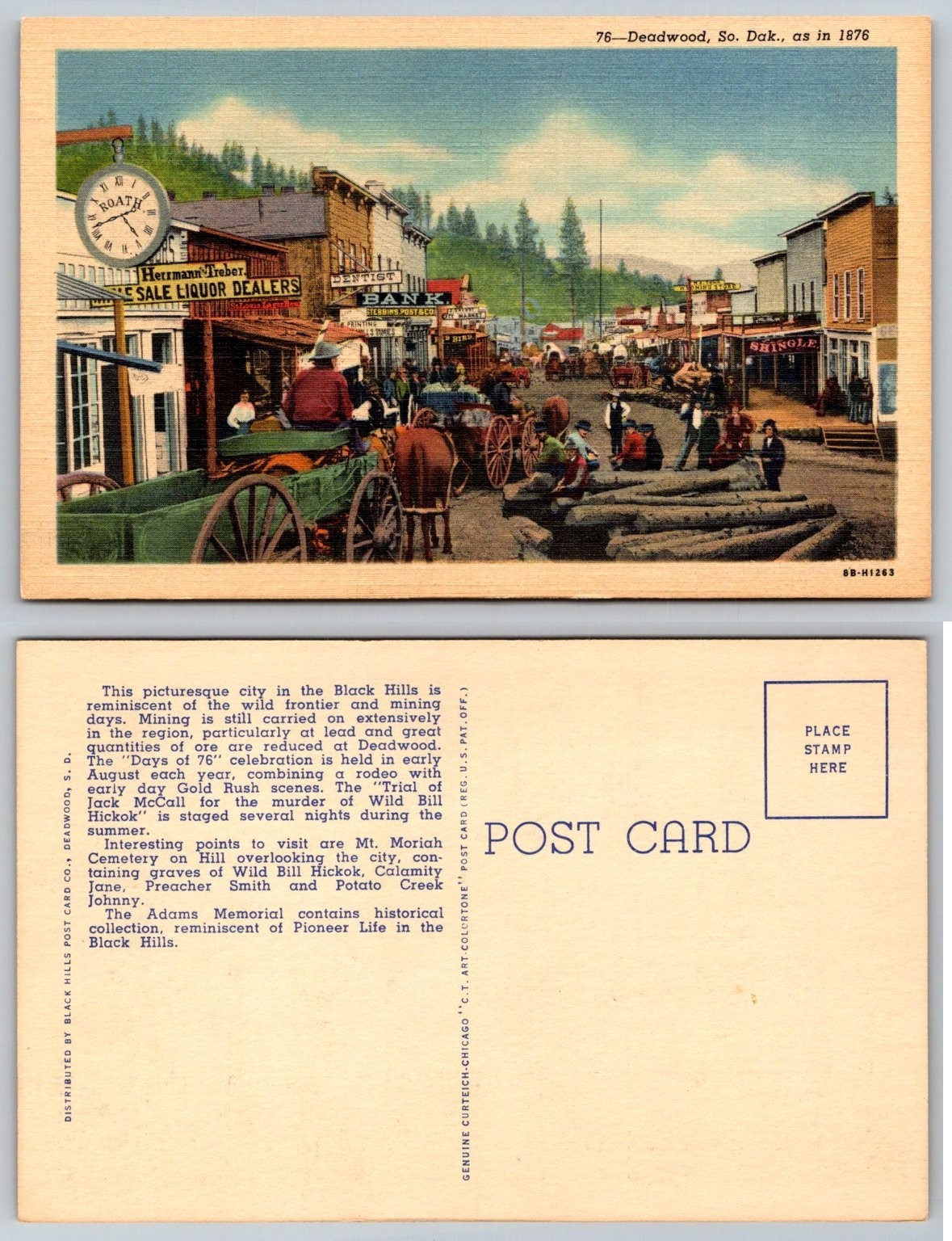Vintage Deadwood SD 1876 Street View Postcard Black Hills Wild West Curteich Vintage Deadwood SD 1876 Street View Postcard Black Hills Wild West Curteich