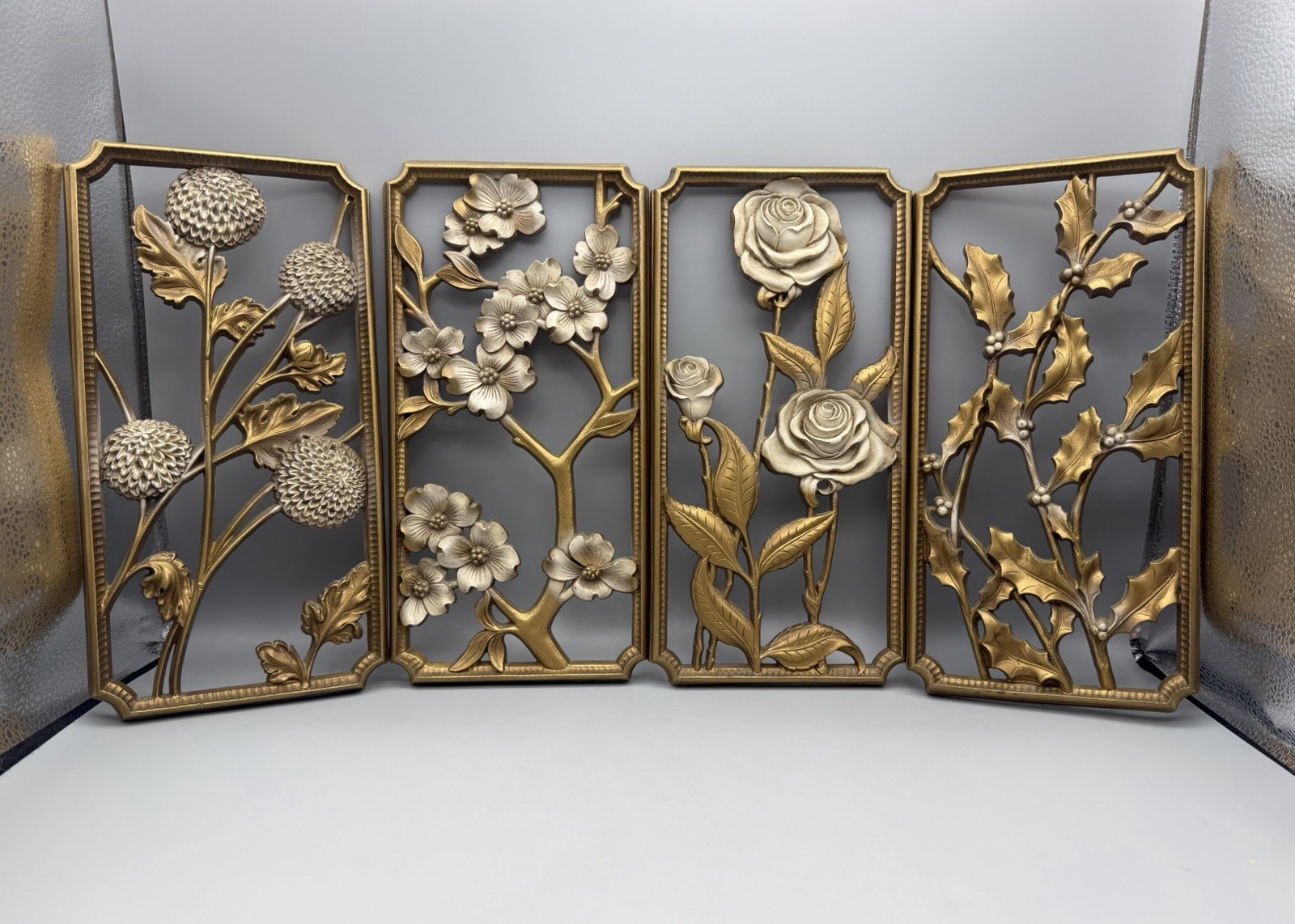 VTG Hollywood Regency Style Syroco FOUR SEASONS Floral Gold Wall Plaques Set