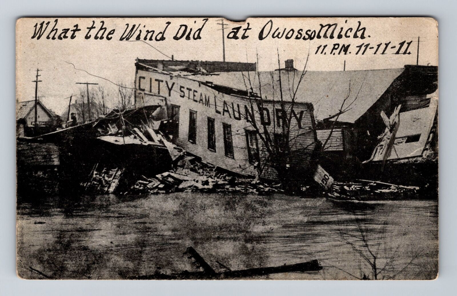 Owosso MI-Michigan, Wind Destruction On Building In 1911 Vintage Postcard