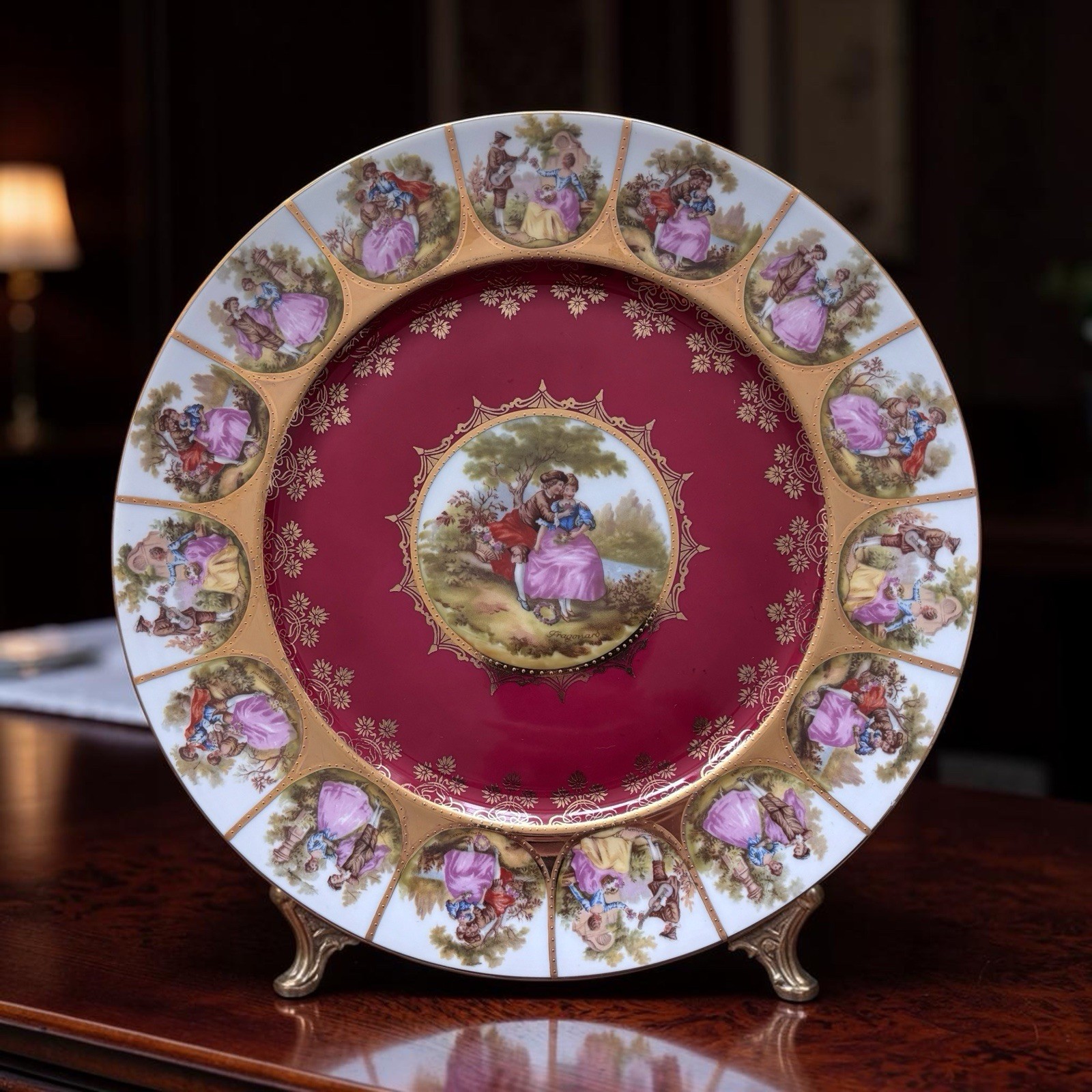 JKW Bavaria Fragonard Courting Couple Red Gold Gilt Porcelain Cabinet Plate 11”