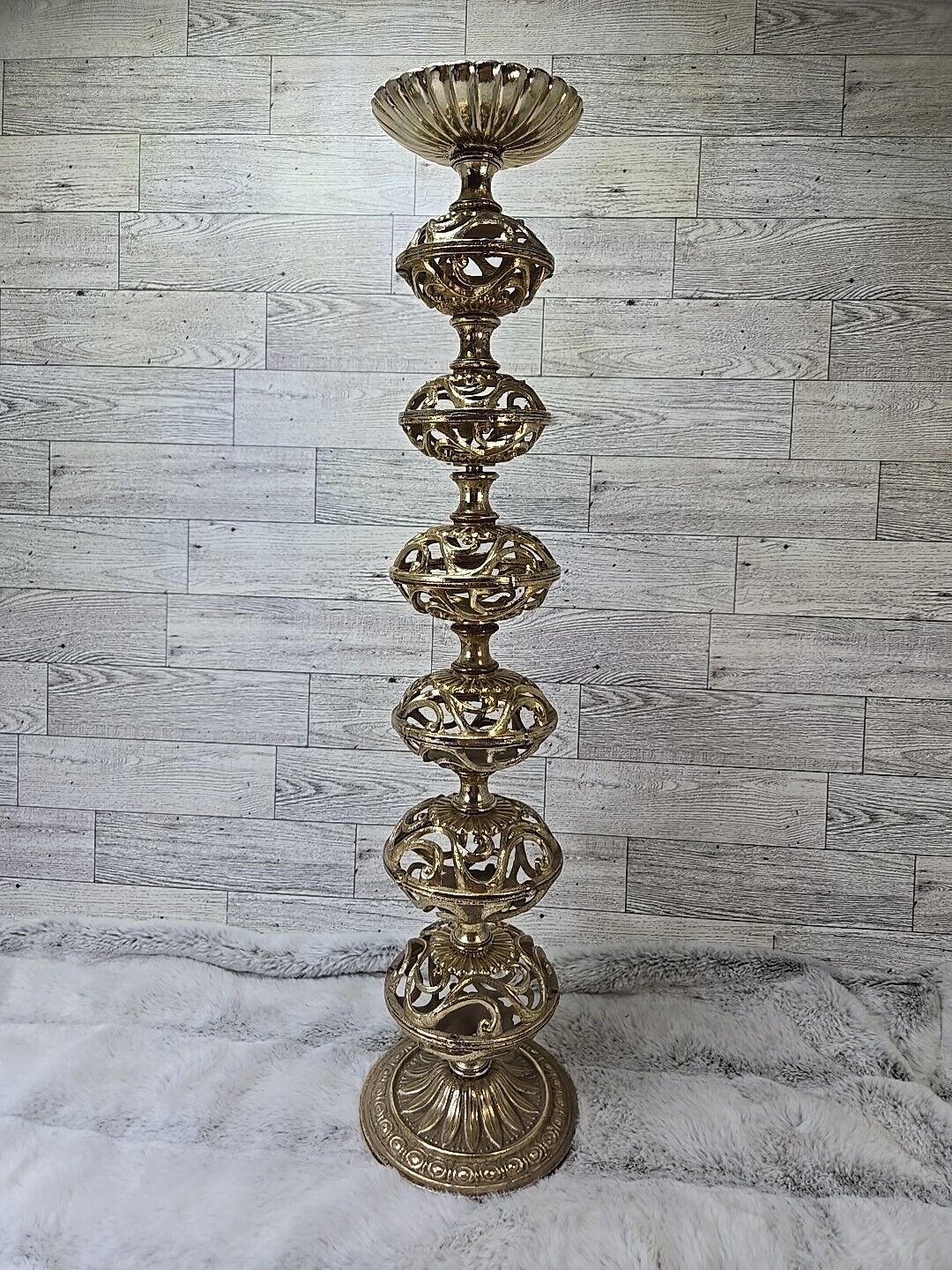 Hollywood Regency Tall Candle Holder Mid Century Metal Gilded Gold Tone 22 Inch
