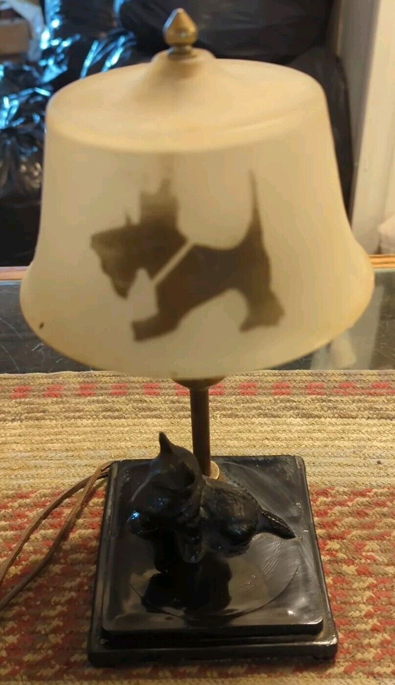 Vintage Black Glass Lamp Shade Scottie Dog Lamp Ceramic Base WORKS