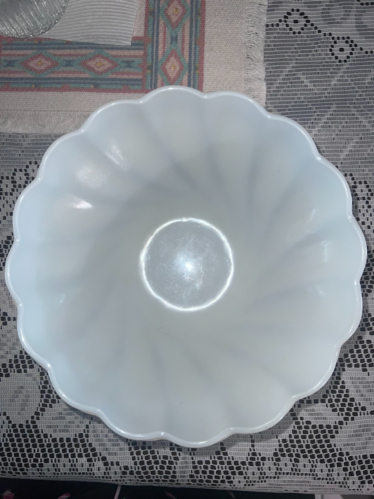 Unmarked Anchor Hocking / Fire-King “Swirl” milk glass serving bowl.