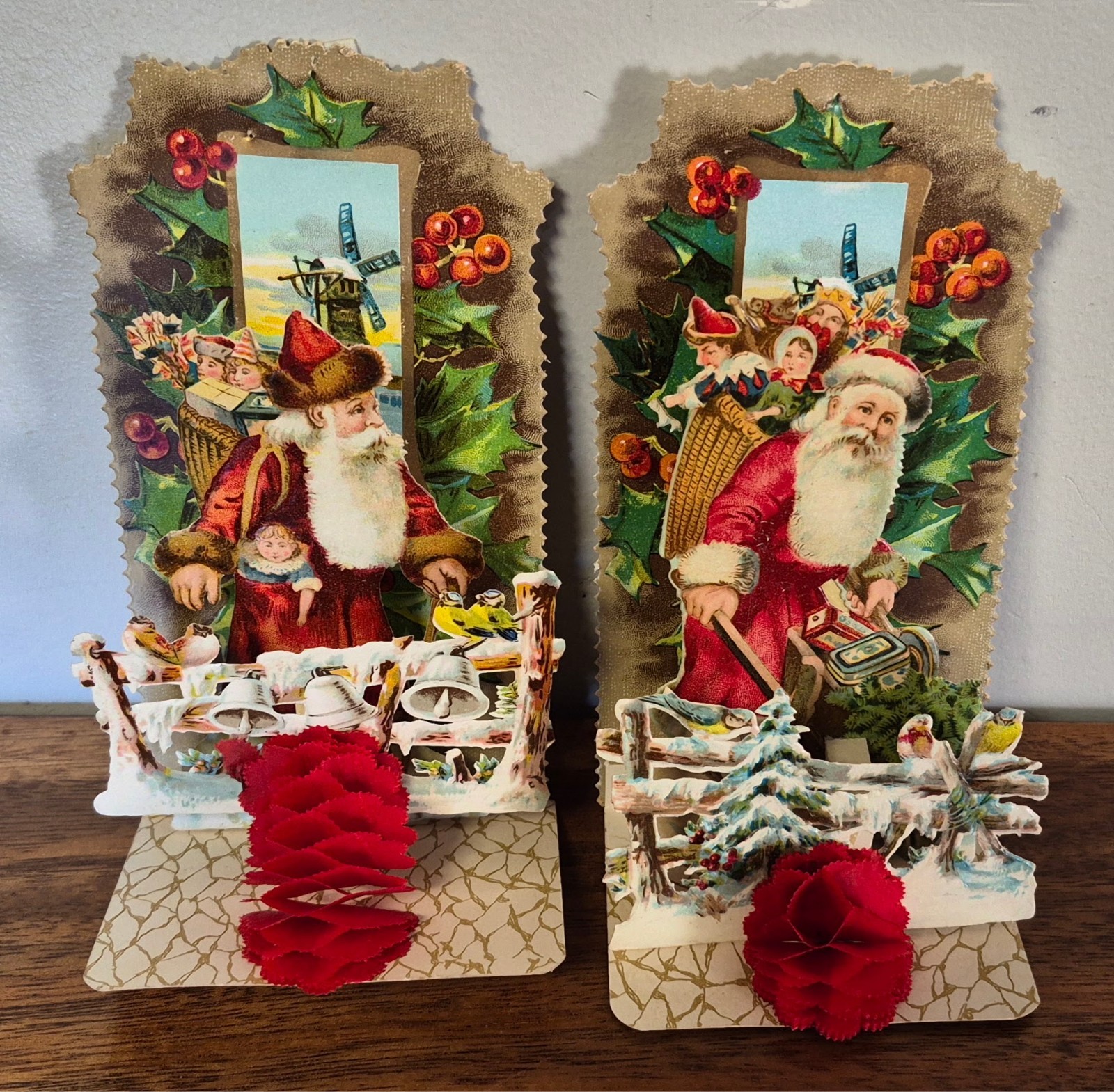 Antique Raphael Tuck 3D Pop-Up Xmas Cards Santa Standee Honeycomb Pair Germany