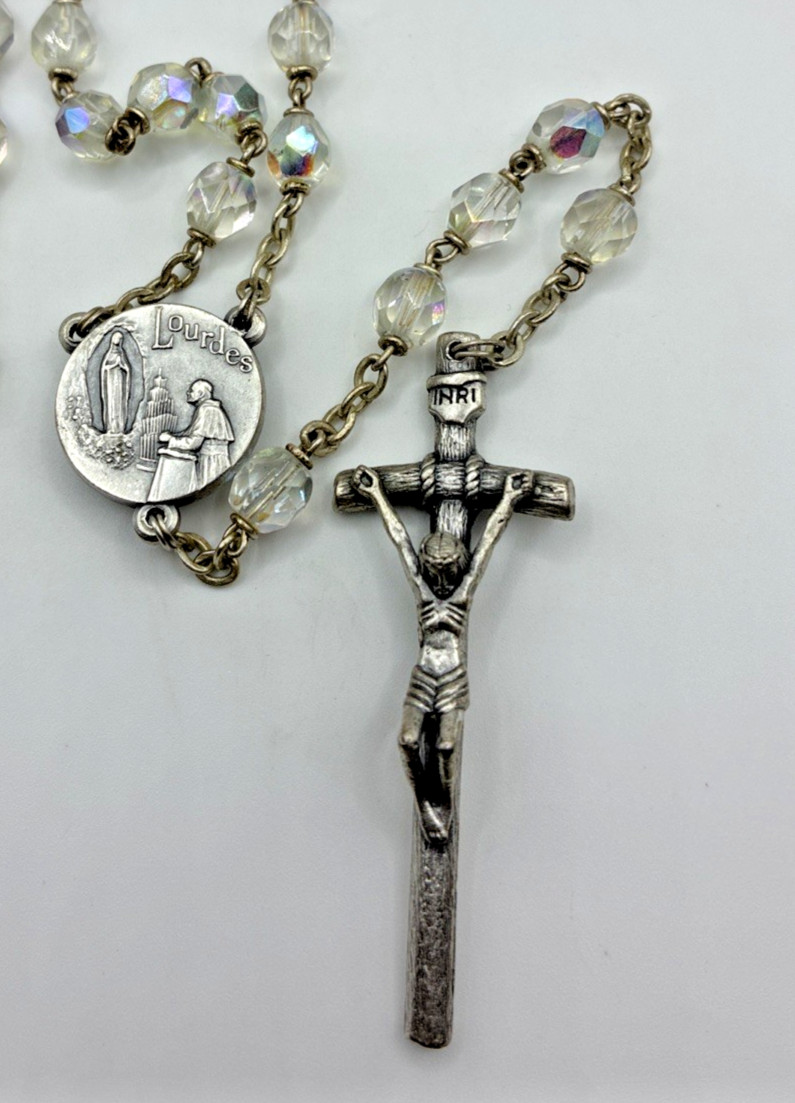 Rosary Necklace Lourdes Italy Clear AB Beads Silver Tone Crucifix Catholic Cross