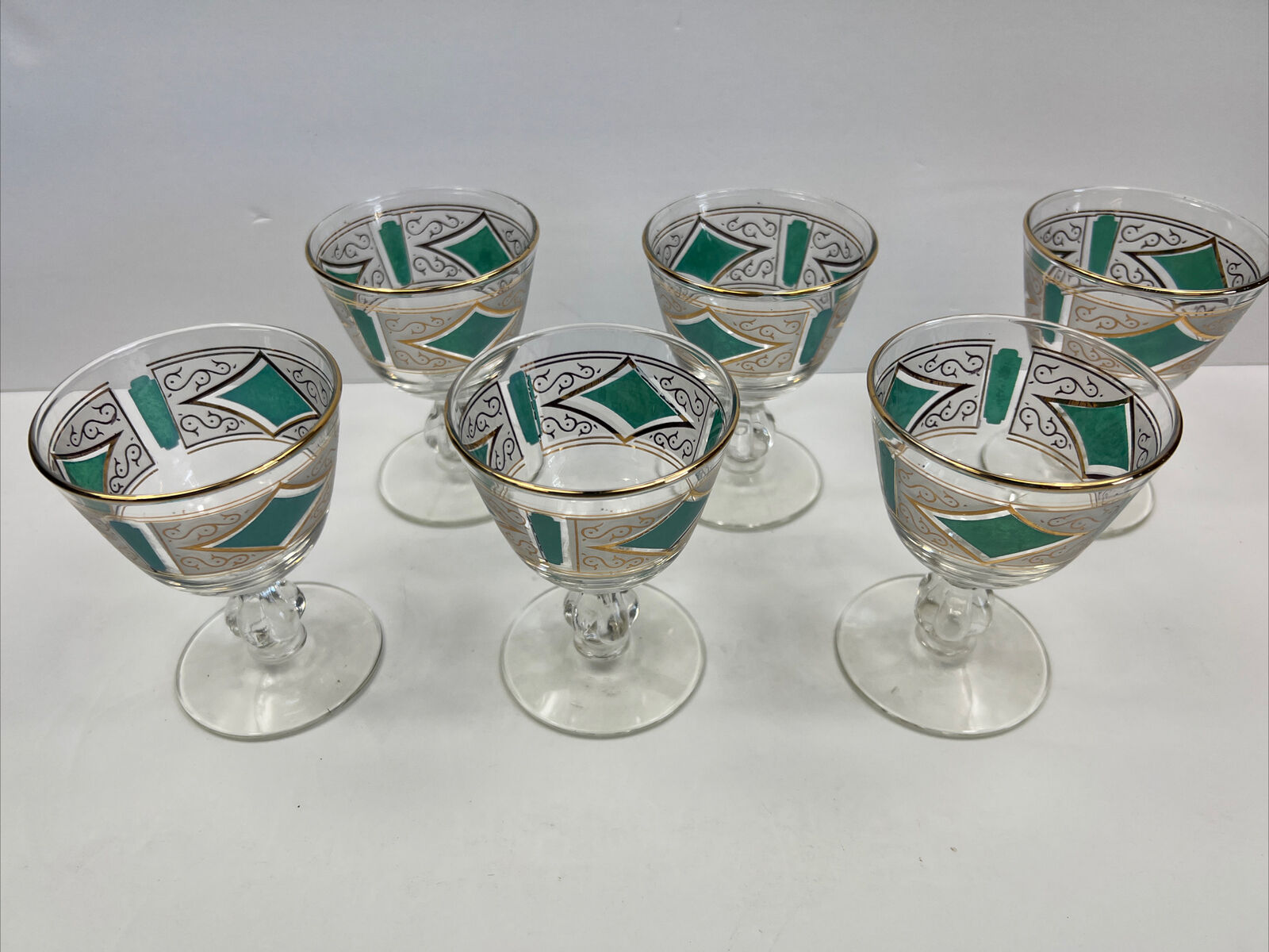 Libbey MCM Emerald & 22k Gold Cordial Glasses Set of 6