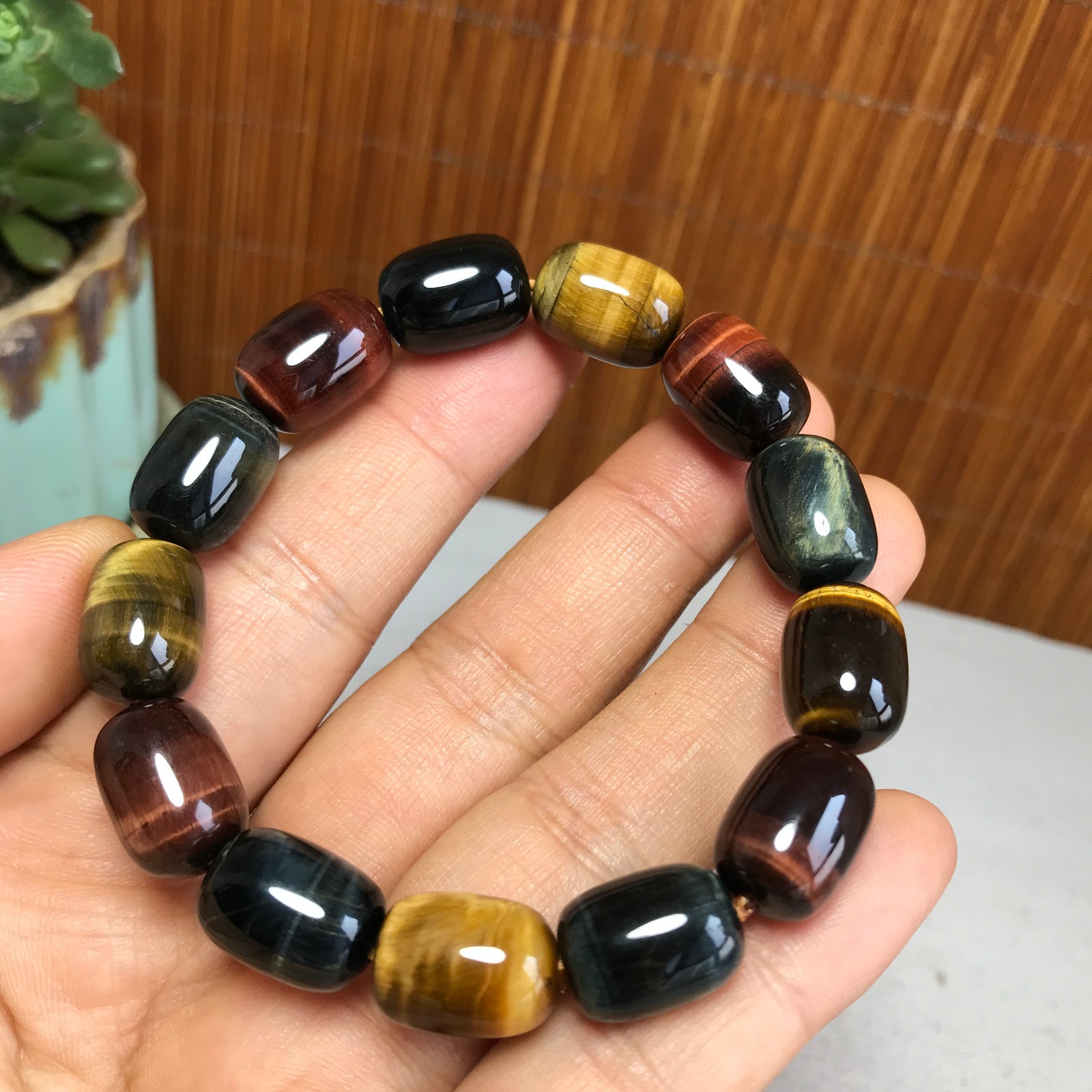 Lady Natural Mixed Tiger\'s Eye Barrel Bead Stretch Bracelet Crystal Wristband 11