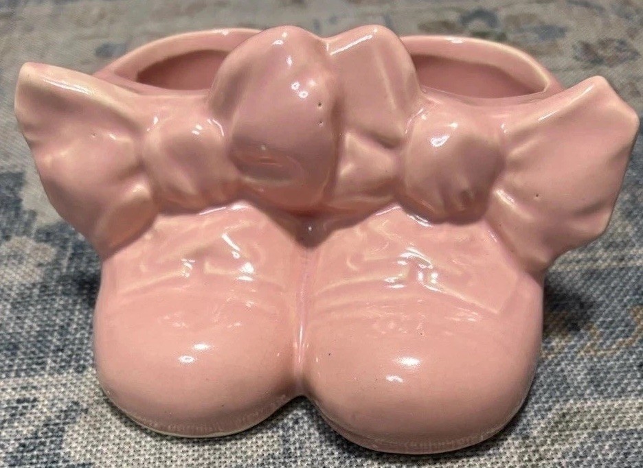 Pink Ceramic Double Baby Shoe Bootie Planter Vase Nursery Keepsake Vintage