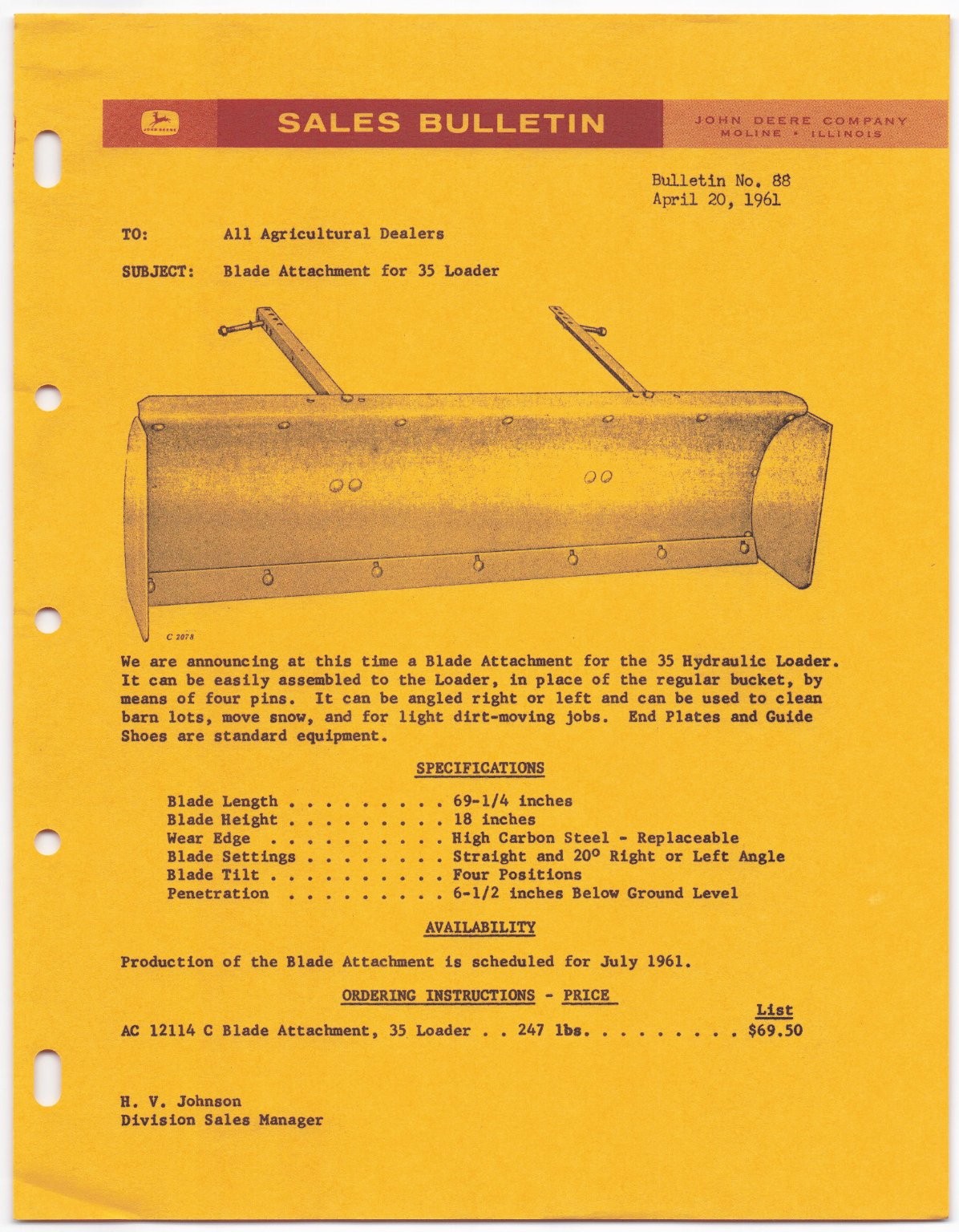 VTG 1961 John Deere Sales Bulletin Dealership Memo - 88 Blade Attach 35 Loader VTG 1961 John Deere Sales Bulletin Dealership Memo - 88 Blade Attach 35 Loader
