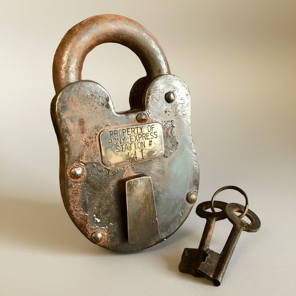 Pony Express 1860 Cast Iron Lock with Brass Tag & Keys — 3\