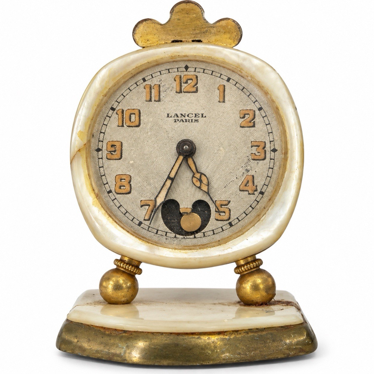 Antique Lancel Paris Miniature Mechanical Travel Alarm Clock w Wood Case