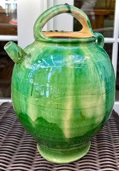 FRENCH ANTIQUE POTTERY TERRACOTTA CRUCHE GREEN GLAZE CONFIT EARTHENWARE PITCHER