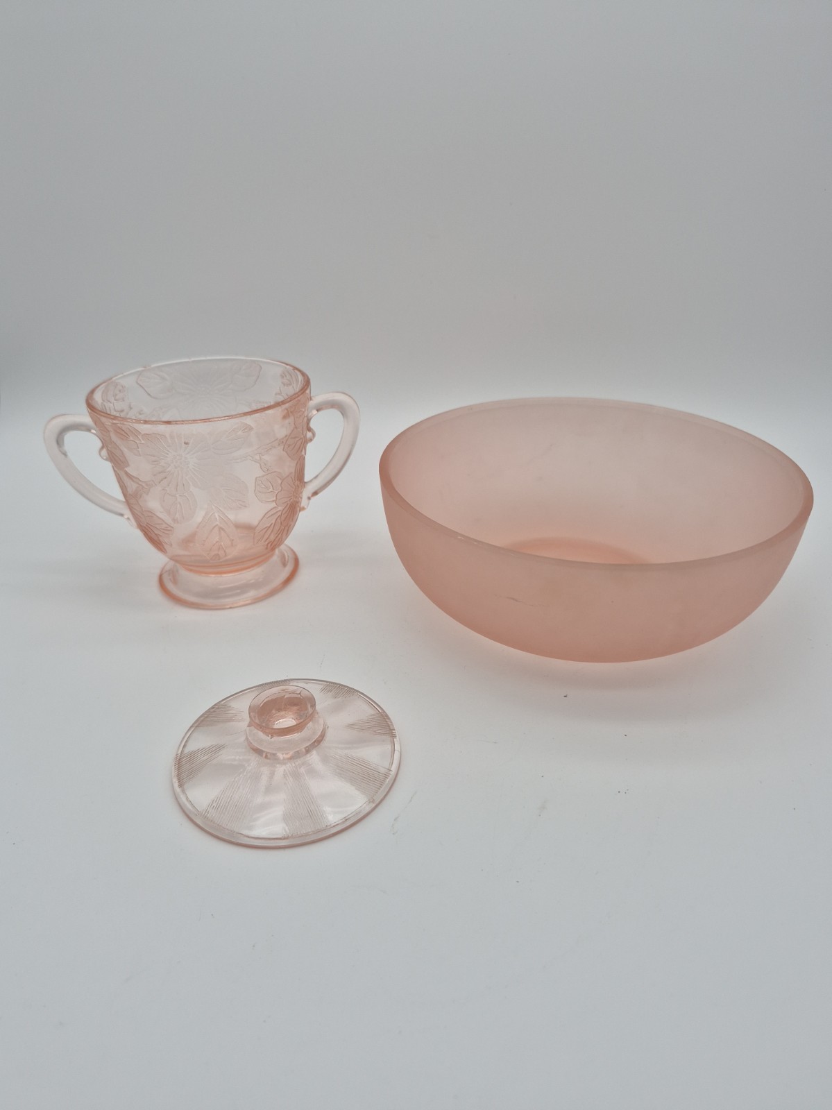 Nice Collection Of 2 Pink Depression. 1 Frosted, Containers