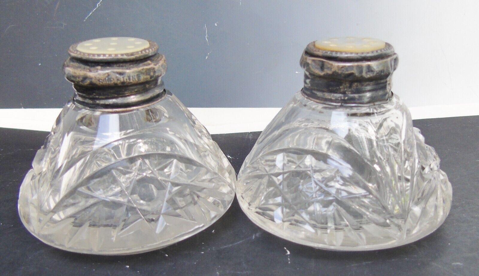 Antique Salt Pepper Shakers Clear Glass Sterling Silver Mother of Pearl Tops