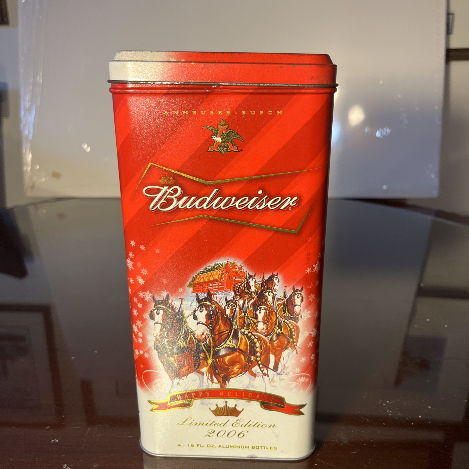 Budweiser 2006,, limited edition 4 empty bottles, in a Christmas tin coasters Budweiser 2006,, limited edition 4 empty bottles, in a Christmas tin coasters