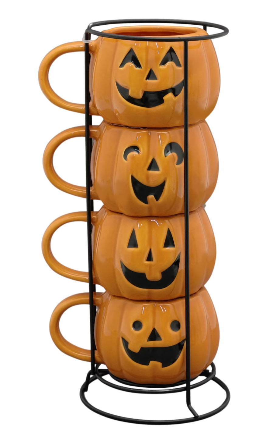 Halloween Pumpkin Stack Mugs Set Ceramic Coffee Cups 4-Pc Black Iron Holder NEW Halloween Pumpkin Stack Mugs Set Ceramic Coffee Cups 4-Pc Black Iron Holder NEW