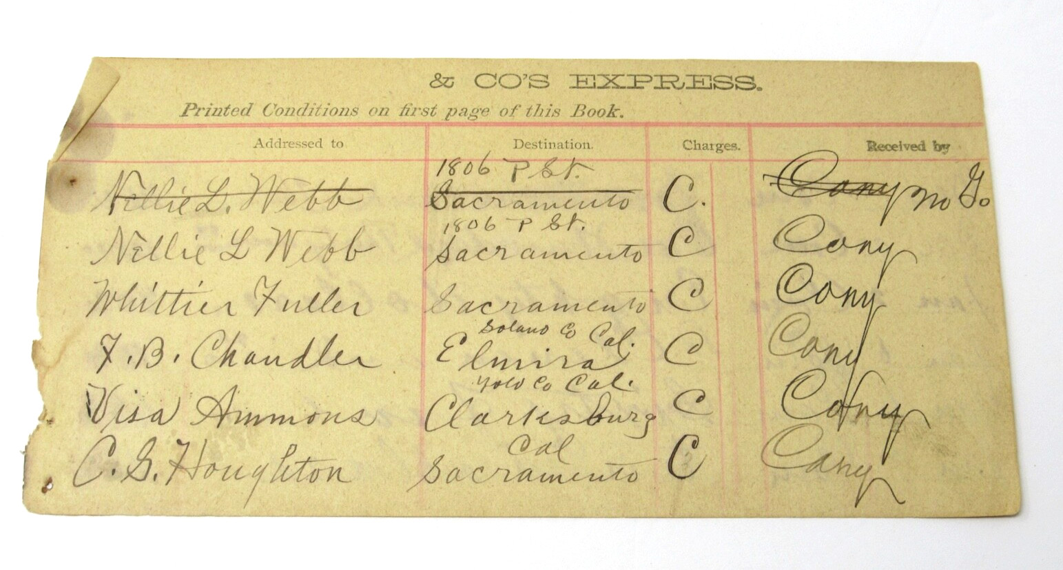 Wells Fargo & Co\'s Express Receipt Coin 1893 Sacramento Elmira Clarksburg