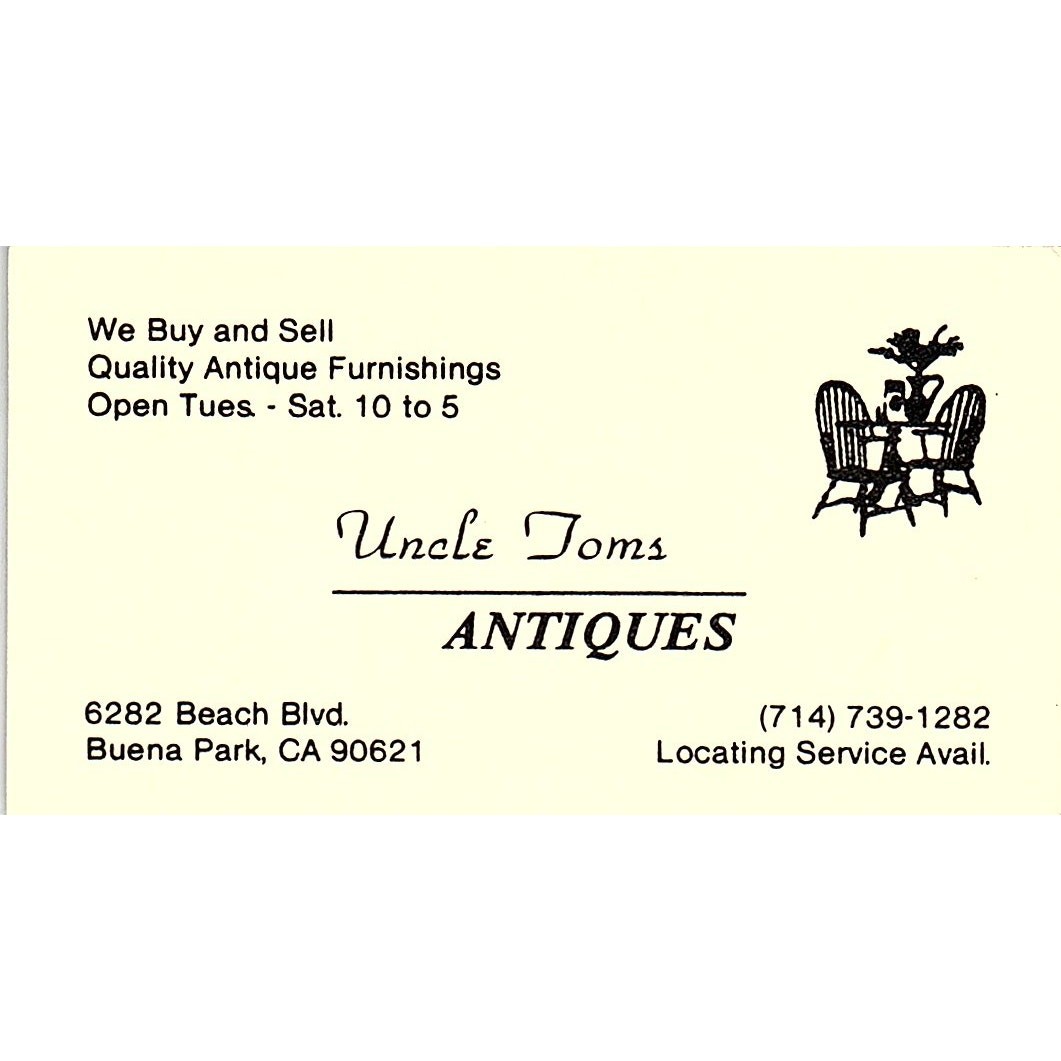 Uncle Toms Antiques Buena Park CA Vintage Business Card SE3-B16