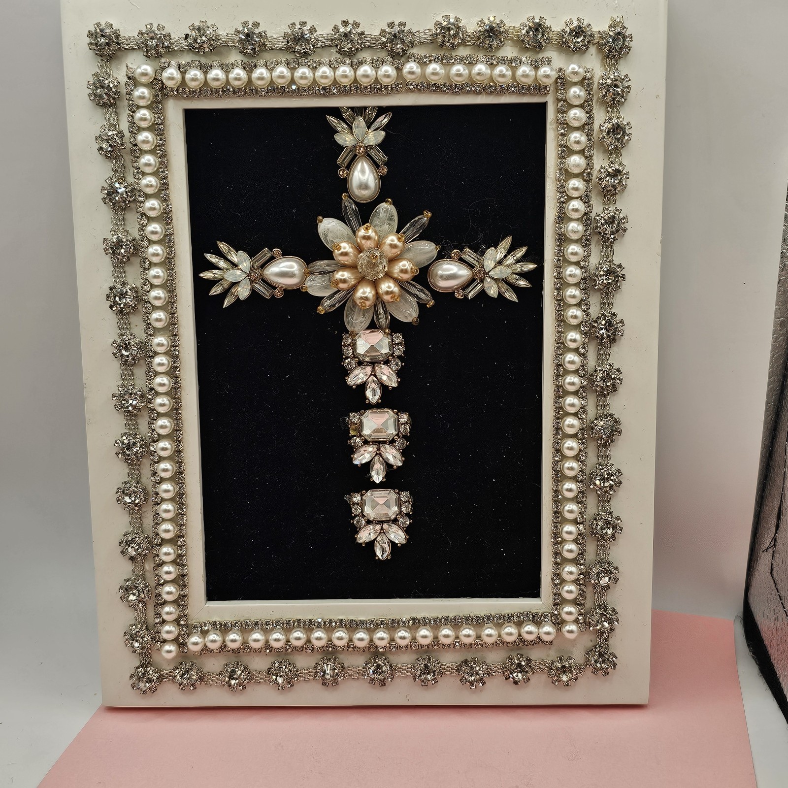 Handmade Mixed Media Framed Cross Jeweled One of a kind Signed Wall Art
