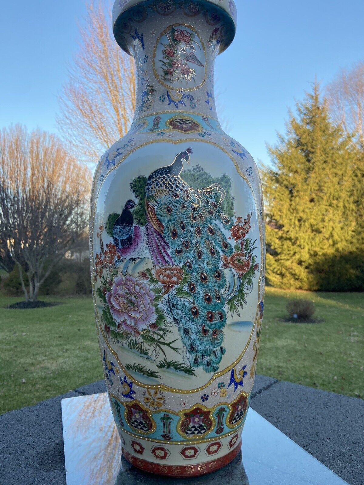 VTG Chinese Porcelain Vase Ornate Peacock And Flowers Gold Accent 24” Tall