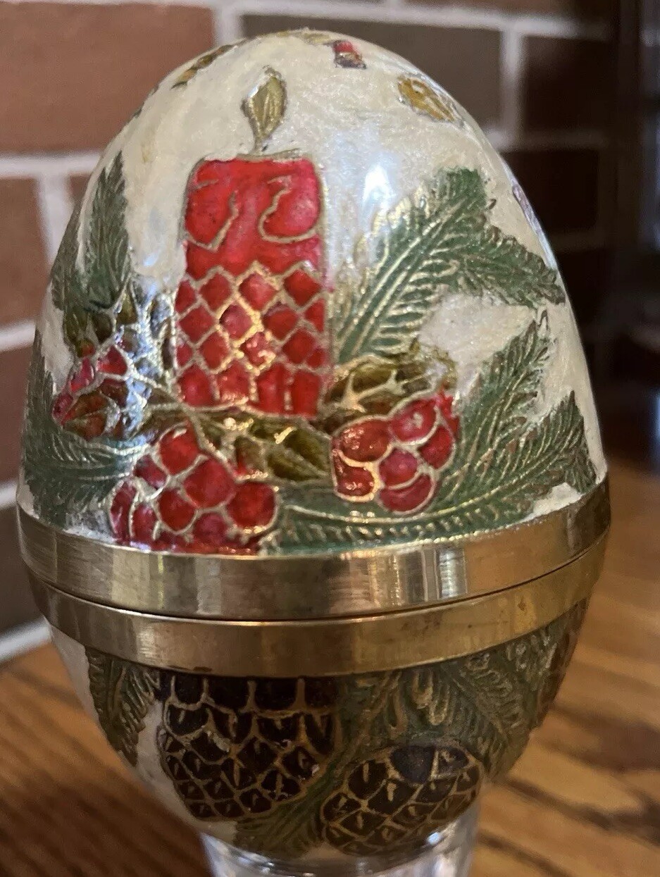 Vintage Enameled Solid Brass Egg Trinket Holiday Themed Candle And Cones Vintage Enameled Solid Brass Egg Trinket Holiday Themed Candle And Cones