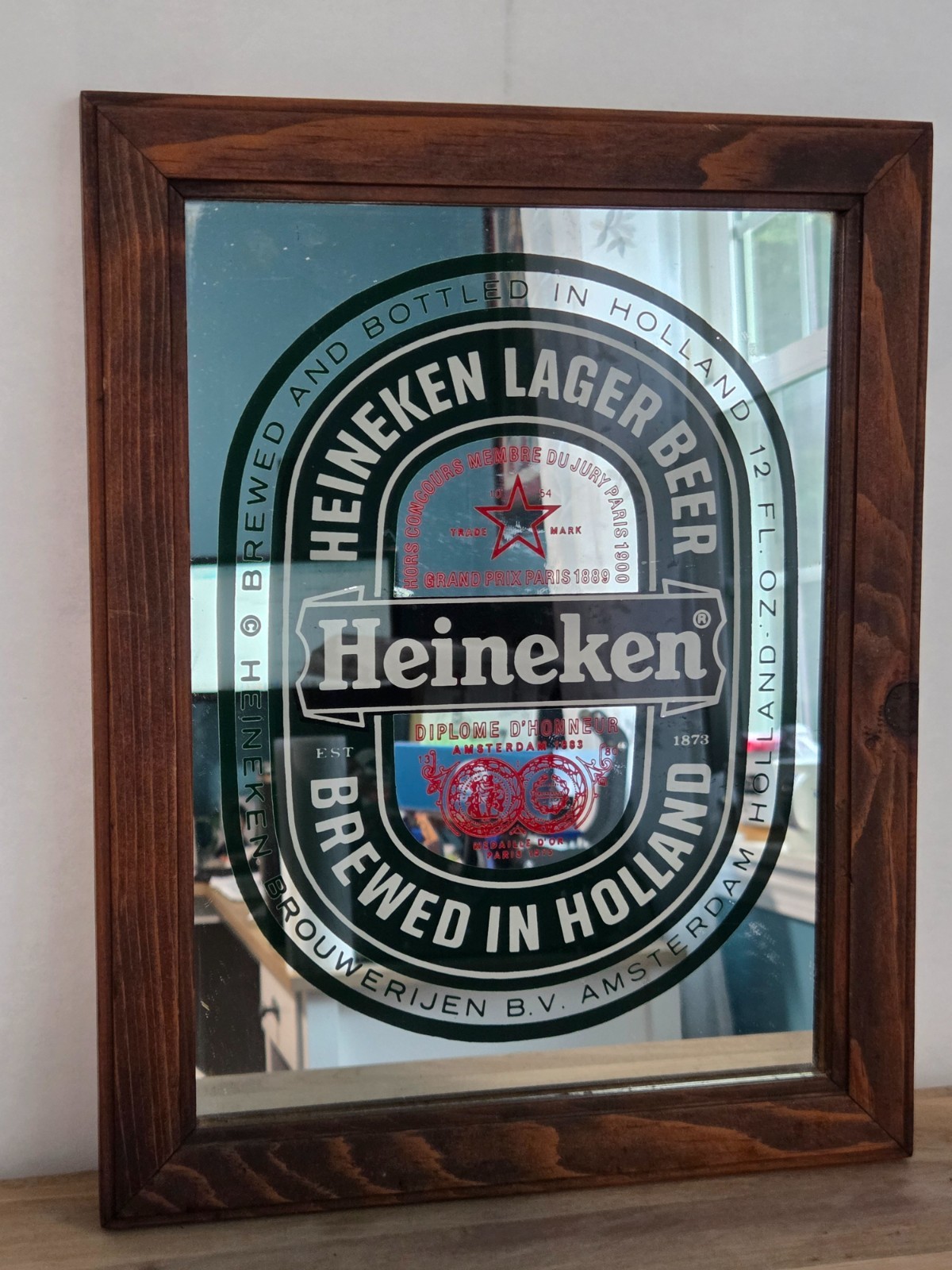 Vintage Heineken Lager Beer Mirror Bar Sign – Brewed in Holland – 11\