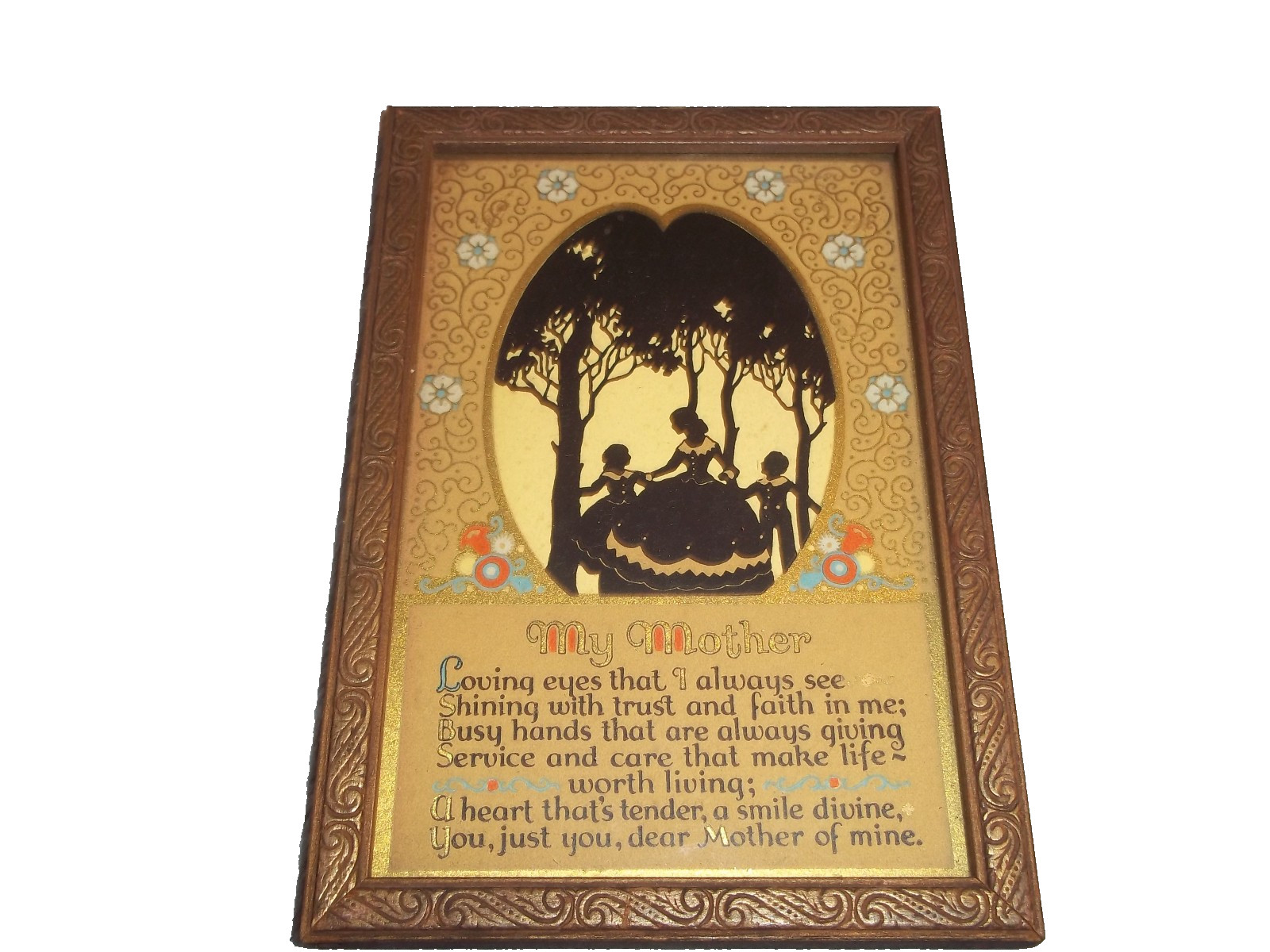 1930\'s Art Deco NEAR MINT ANTIQUE MOTHER SILHOUETTE FRAMED POEM MOTHERS DAY