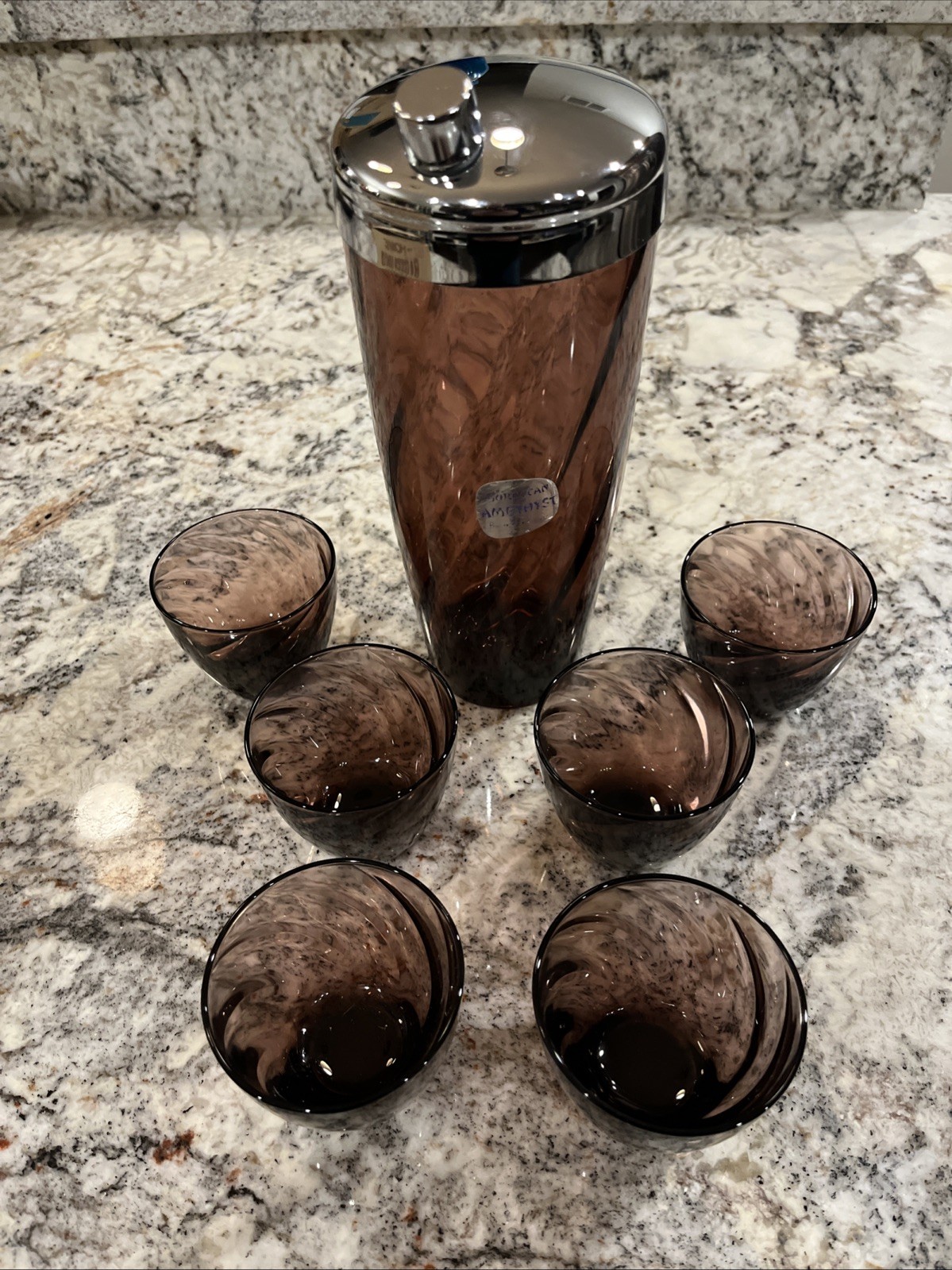 Vtg Hazel Atlas Moroccan Amethyst 8pc Shaker Glass Set Home Bartender In Box
